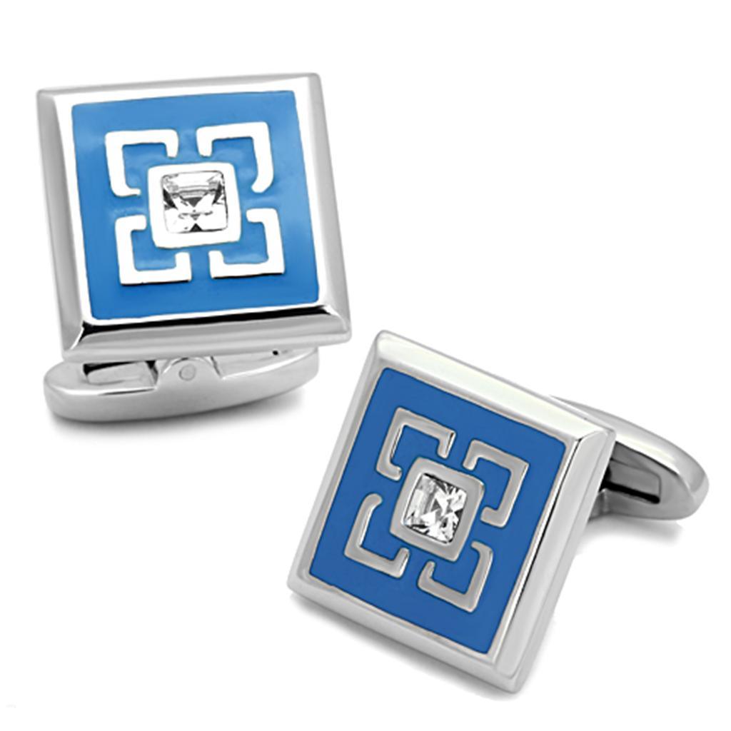 TK1244 - High polished (no plating) Stainless Steel Cufflink with Top Grade Crystal in Clear