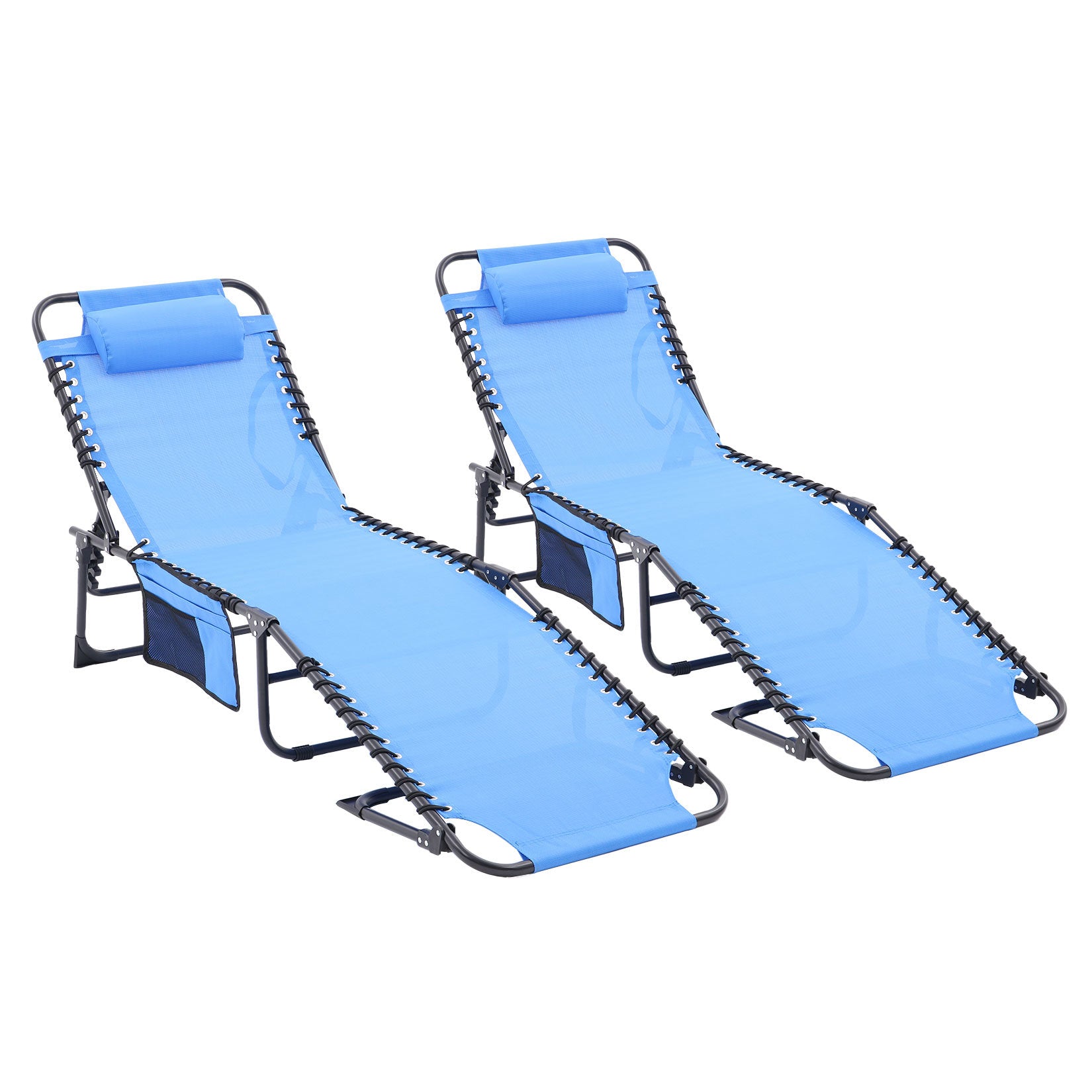 Folding Textilene Waterproof Patio Chaise Lounge Chair,Outdoor Adjustable and Reclining Tanning Chair with Pillow and Side Pocket for Lawn,Beach,Pool,Portable Camping and Sunbathing(2 Pieces,Blue)