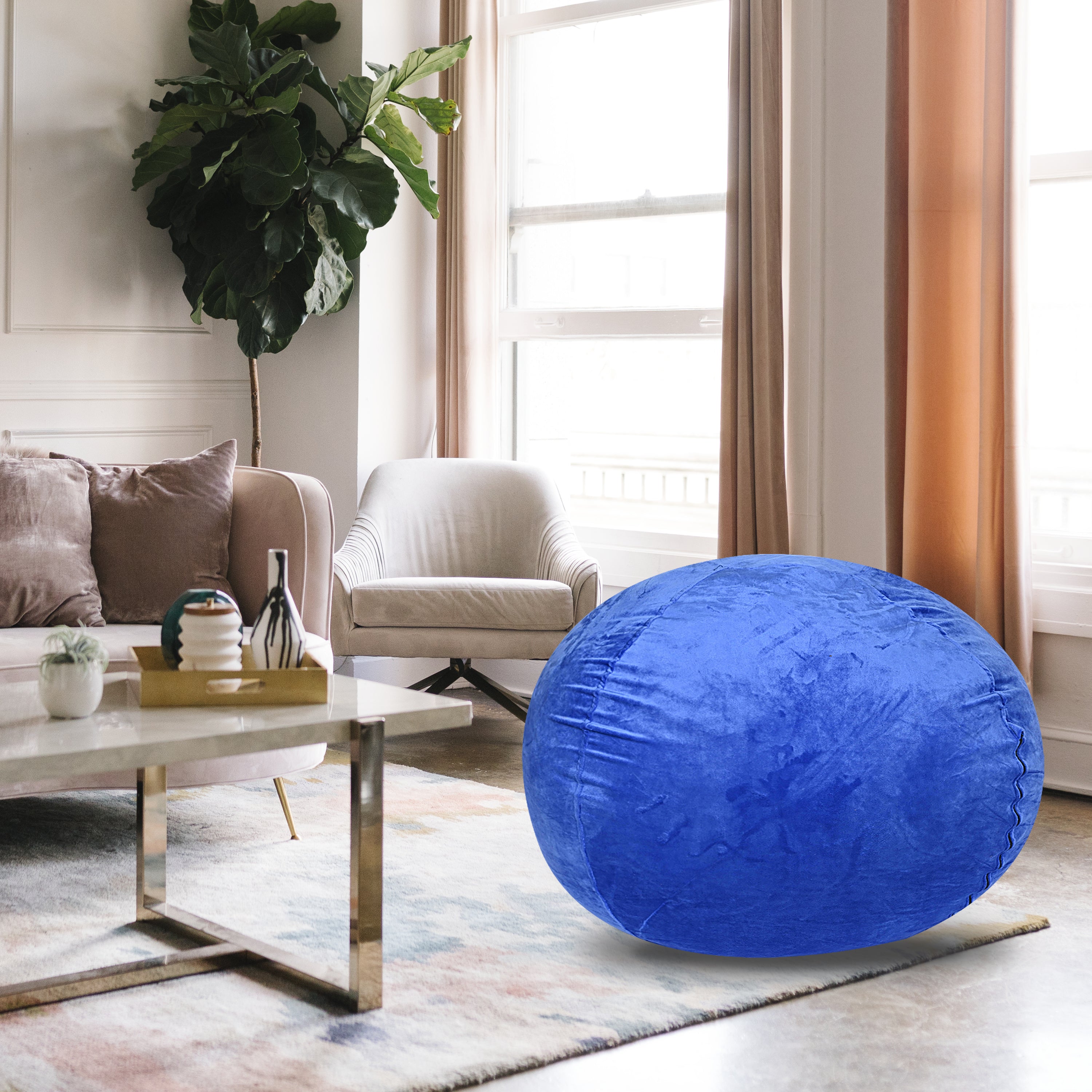 Minky Velvet Bean Bag Chair, Blue-5ft Plush Floor Chair for Kids and Adults w/ Washable Cover, Lounge Chair with Stretchable Fabric, Comfy Bedroom Chair, Filled with Shredded and Memory Foam.