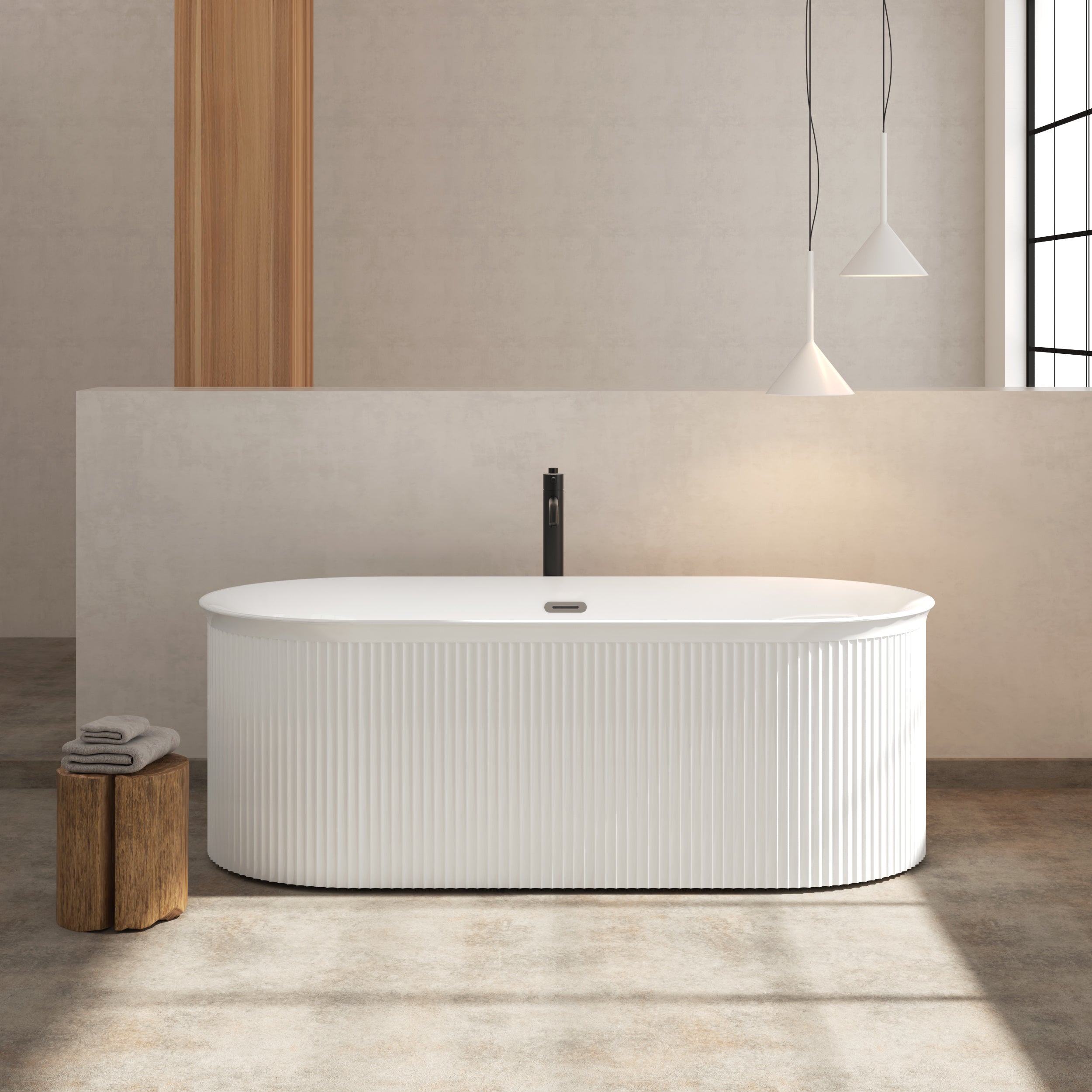 67" Acrylic Freestanding Bathtub-Acrylic Soaking Tubs, Fluted style-Gloss White Freestanding Bathtub With Classic Slotted Overflow and Toe-tap Drain in Chrome, 02149