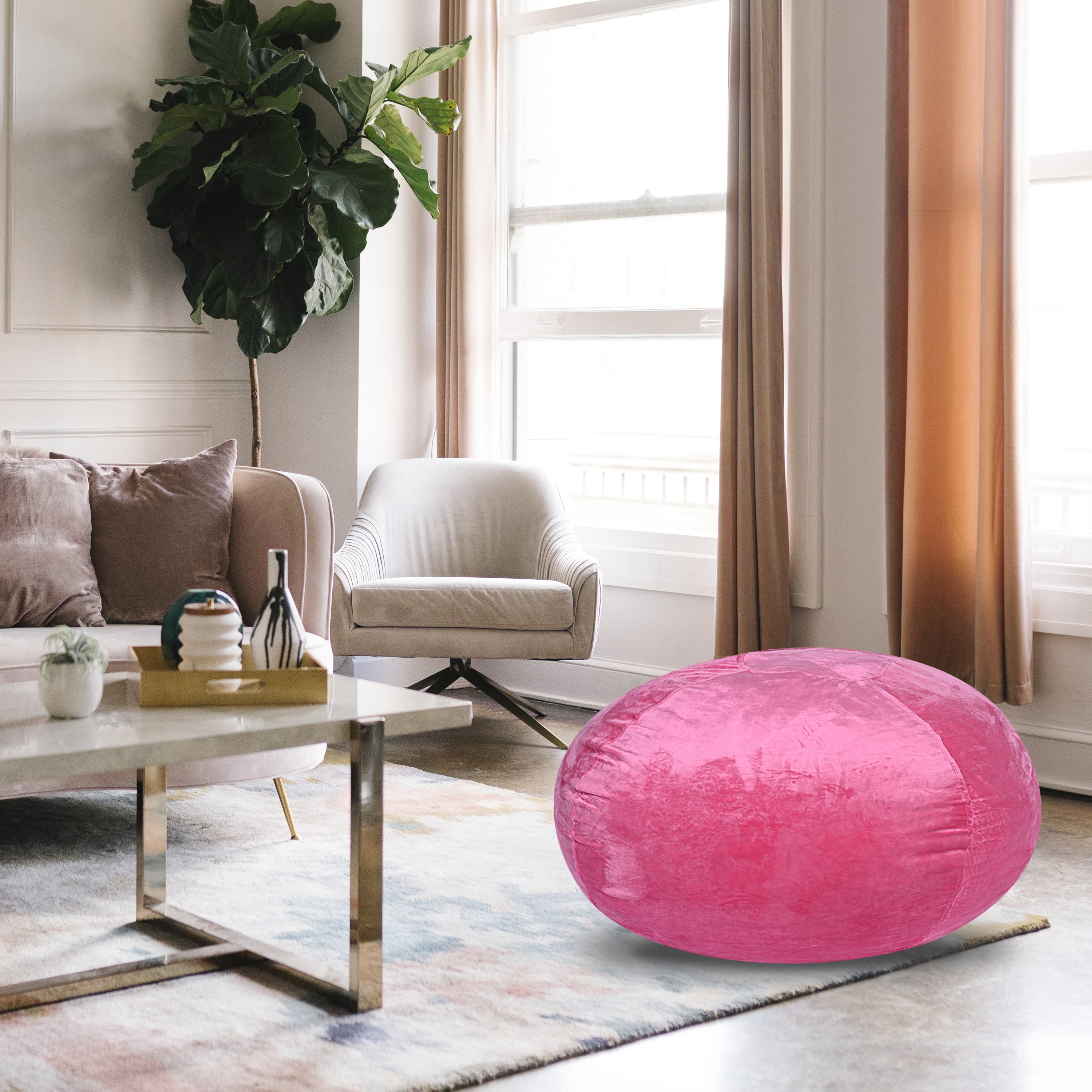 Minky Velvet Bean Bag Chair, Pink - 3ft Plush Floor Chair for Kids and Adults w/Washable Cover, Lounge Chair with Stretchable Fabric, Comfy Bedroom Chair, Filled with Shredded and Memory Foam.