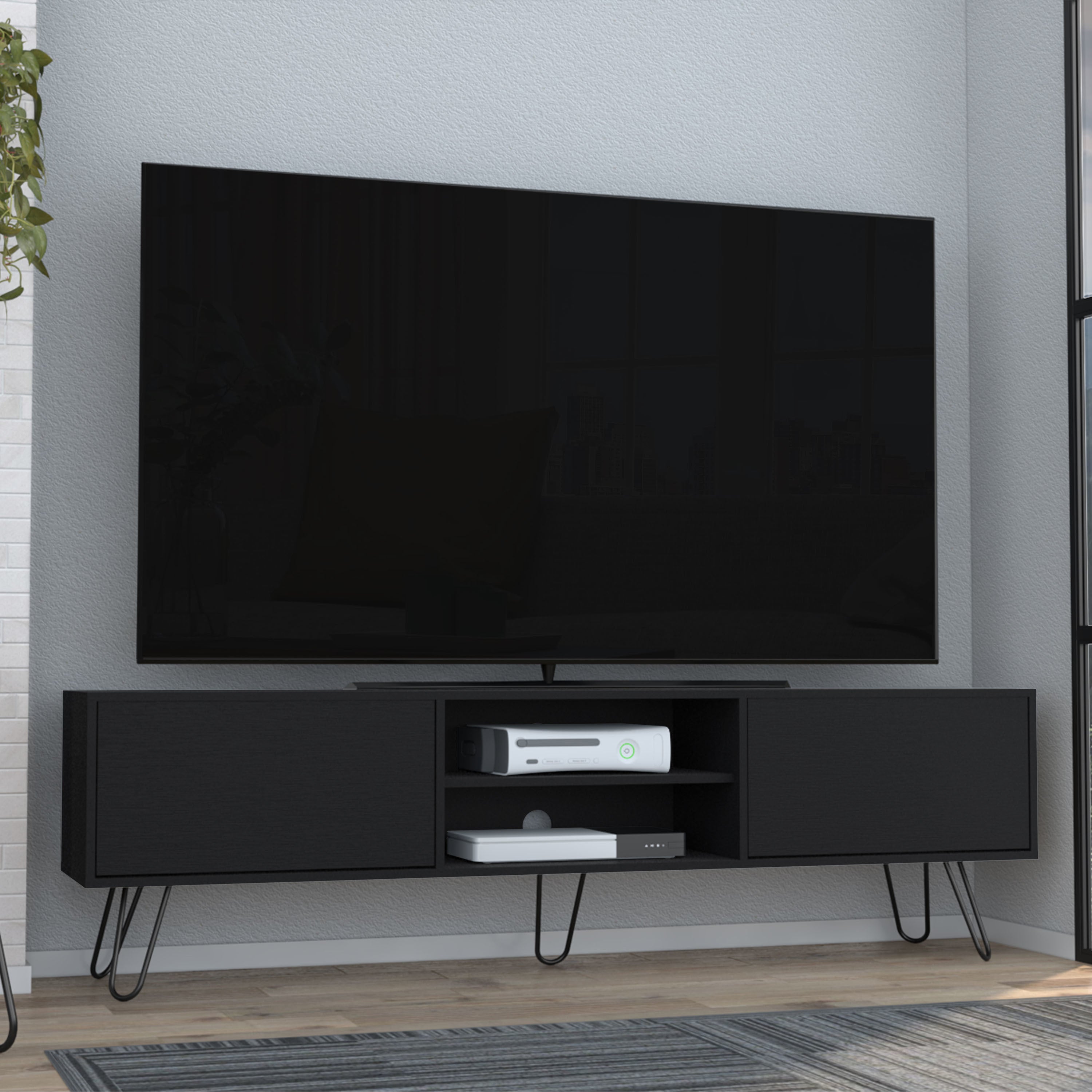 Vassel TV Stand, Entertainment Unit with Hinged Drawers and Hairpin Legs