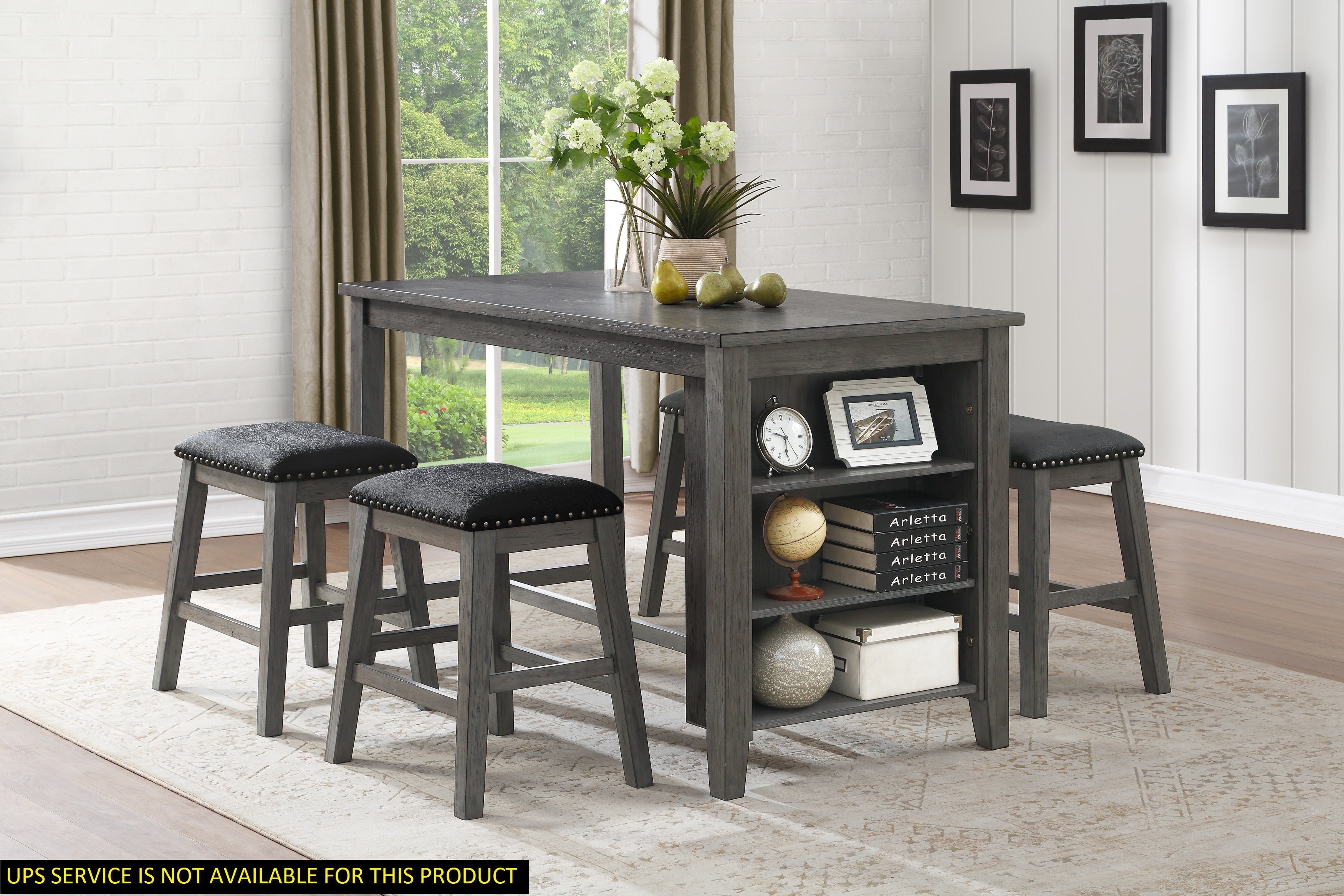 Gray Finish 5pc Counter Height Set Multifunctional Counter Height Table with 4 Stools Black Faux Leather Upholstery Nailhead Trim Dining Room Furniture