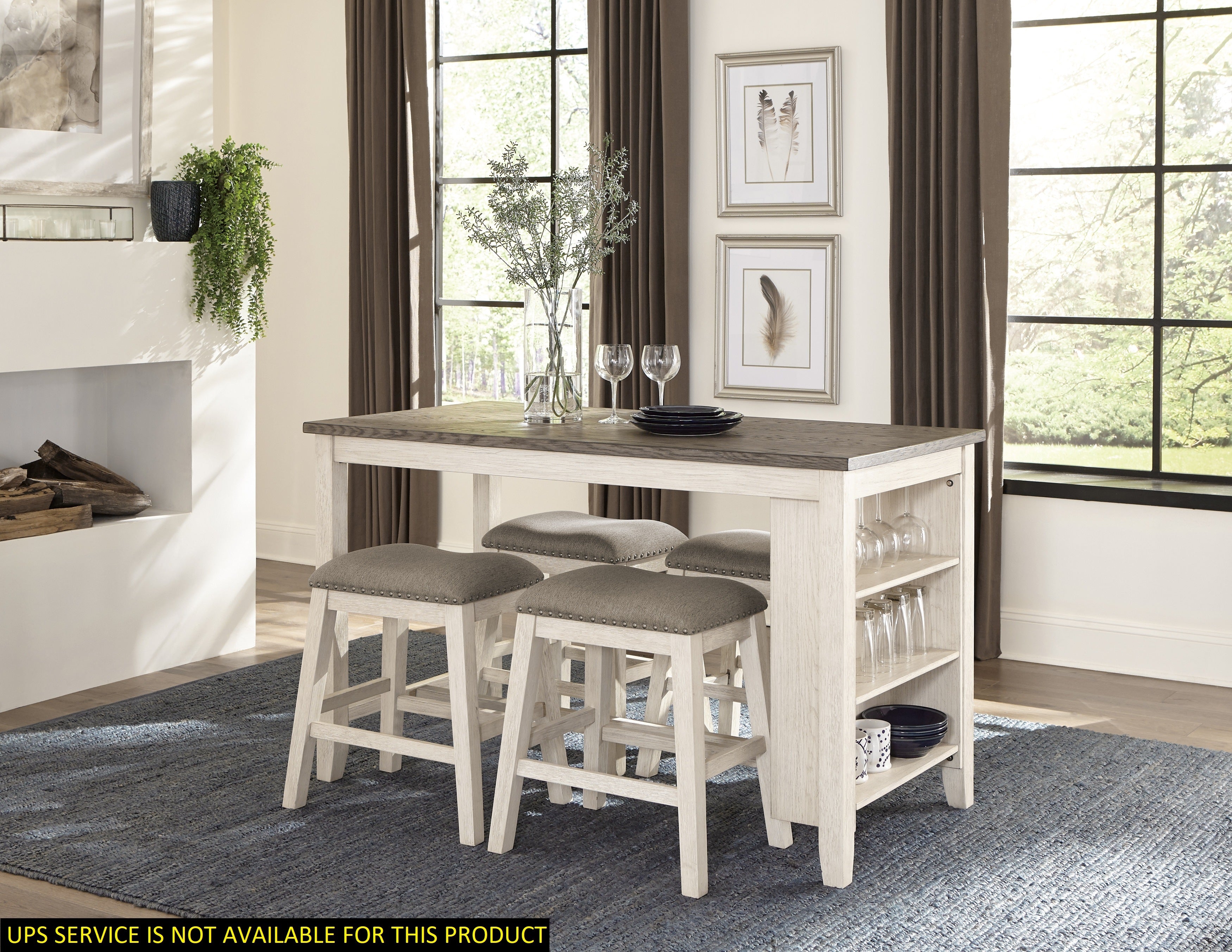 Antique White Finish 5pc Counter Height Set Multifunctional Counter Height Table with 4 Stools Brown Fabric Upholstered Nailhead Trim Dining Room Furniture