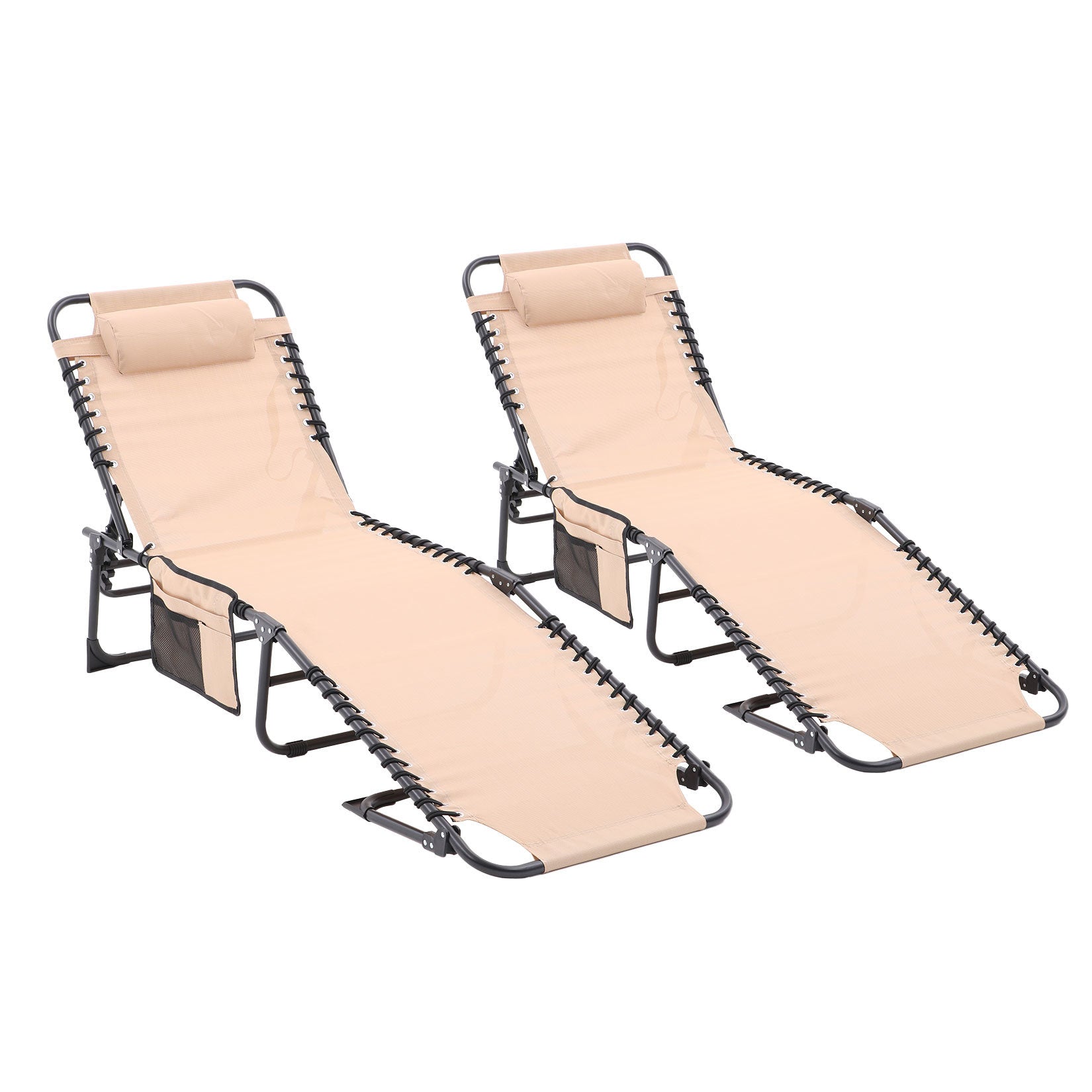 Folding Textilene Waterproof Patio Chaise Lounge Chair,Outdoor Adjustable and Reclining Tanning Chair with Pillow and Side Pocket for Lawn,Beach,Pool,Portable Camping and Sunbathing(2 Pieces,Khaki)