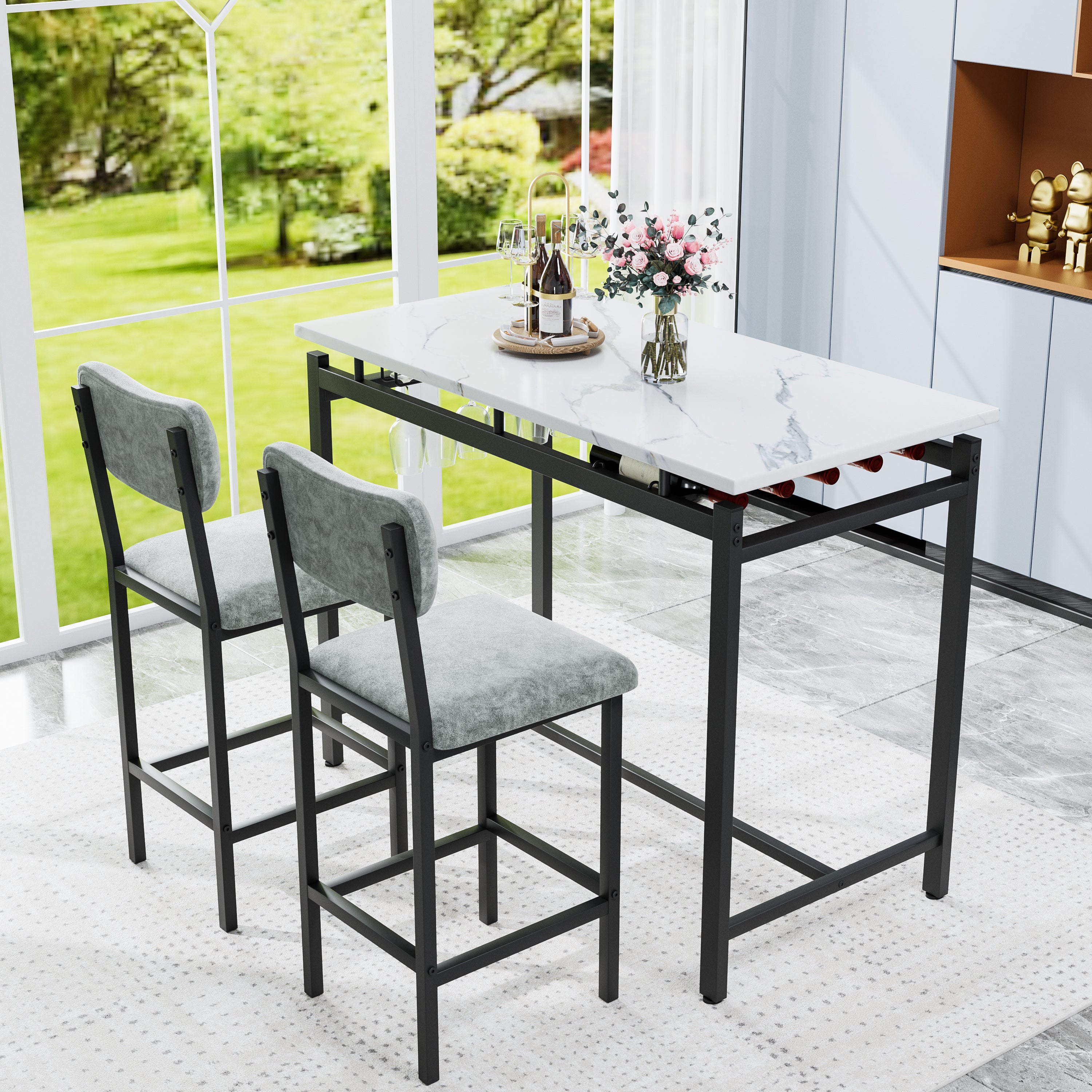 Kitchen Table Set, Dining Table and Chairs for 2, 3 Piece Dining Room Table Set with 2 Upholstered Chairs, Bar Dining Table Set for Small Spaces, Apartment, Breakfast, Pub, Rustic Black