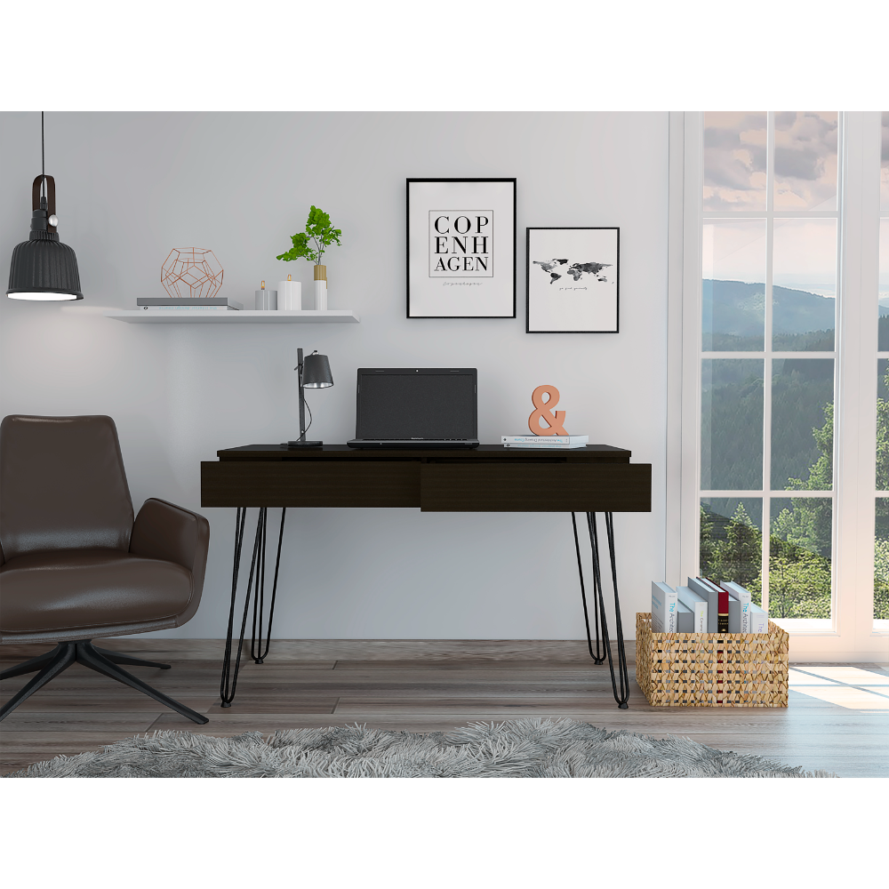 Mumbai 2 Drawers Computer Desk with Hairpin Legs -Black