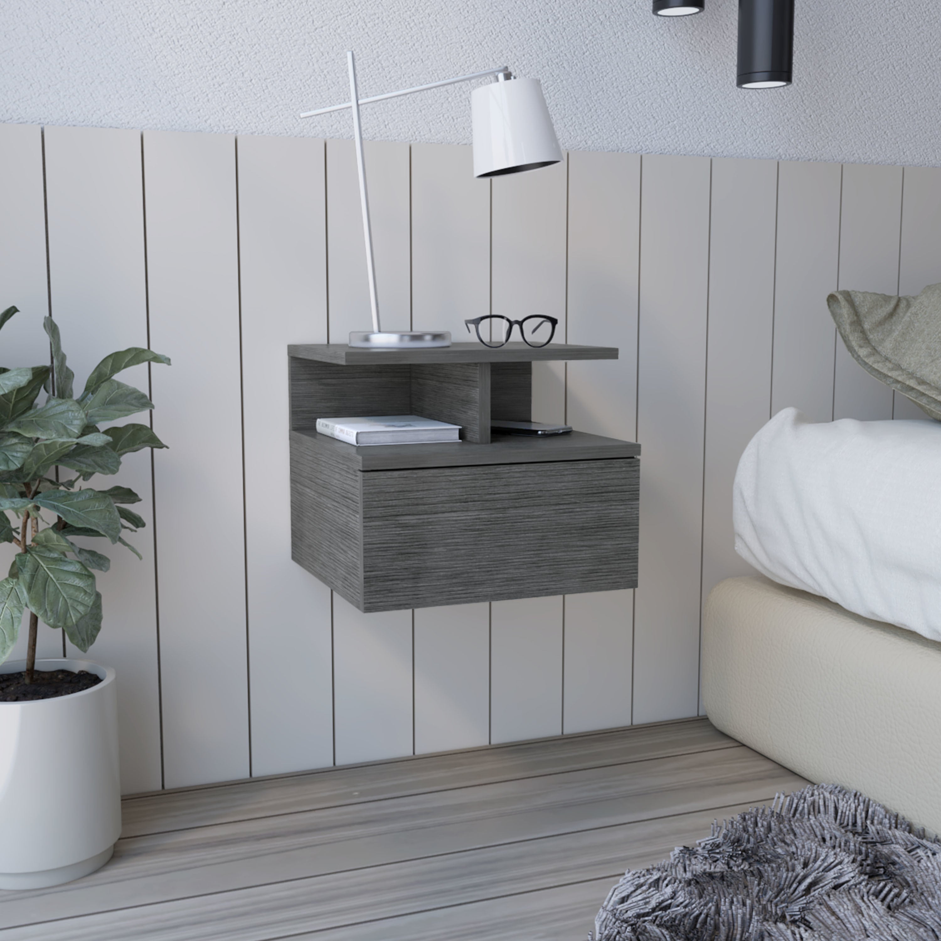 TUHOME Adele Floating Nightstand with Drawer and Open Storage Shelves