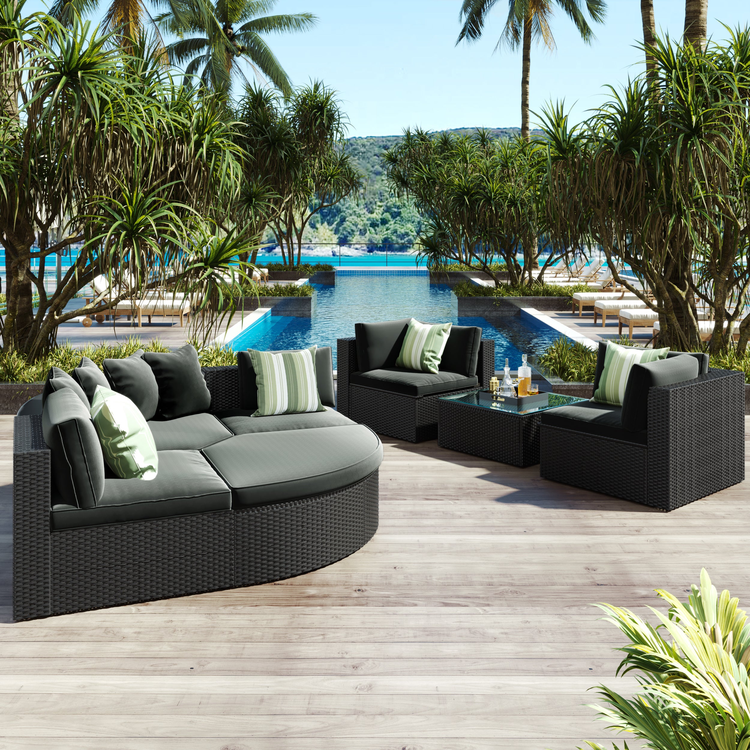 GO 7-piece Outdoor Wicker Sofa Set, Rattan Sofa Lounger, With Striped Green Pillows, Conversation Sofa, For Patio, Garden, Deck, Black Wicker, Gray Cushion