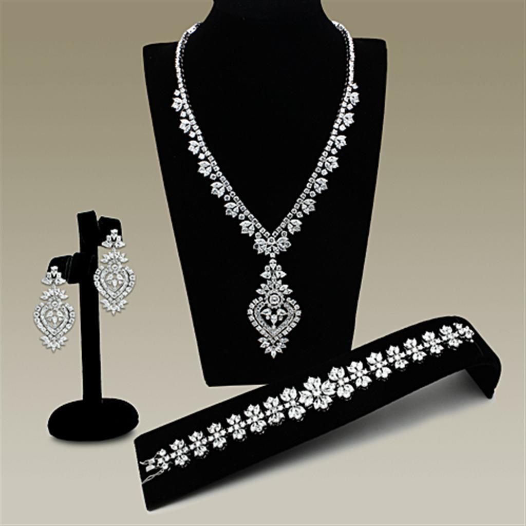 LO1447 - Rhodium Brass Jewelry Sets with AAA Grade CZ in Clear