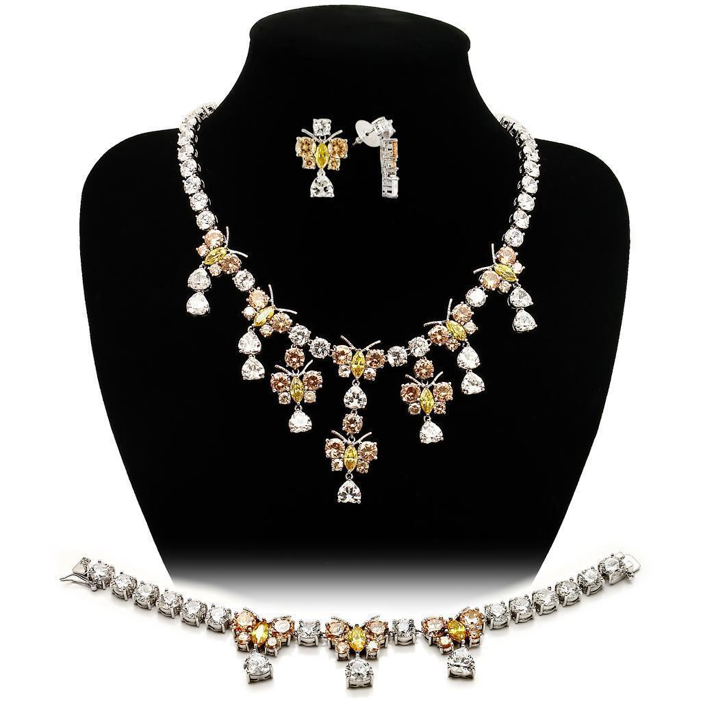 LO1453 - Rhodium Brass Jewelry Sets with AAA Grade CZ in Multi Color