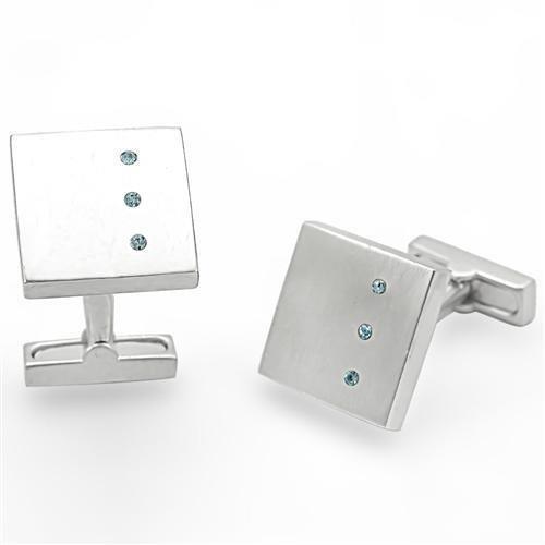 LO1382 - Rhodium Brass Cufflink with Top Grade Crystal in Sea Blue