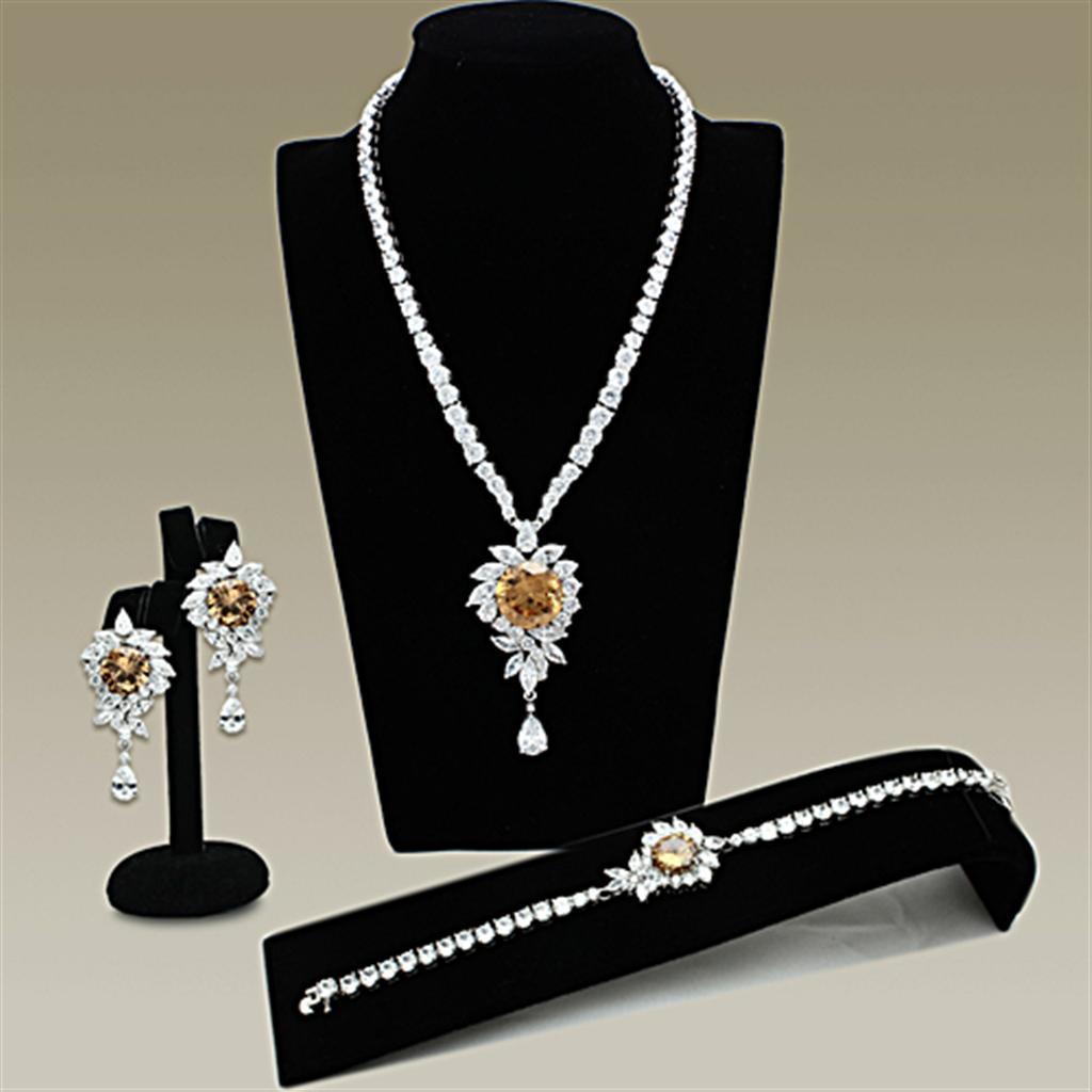 LO2323 - Rhodium Brass Jewelry Sets with AAA Grade CZ in Champagne