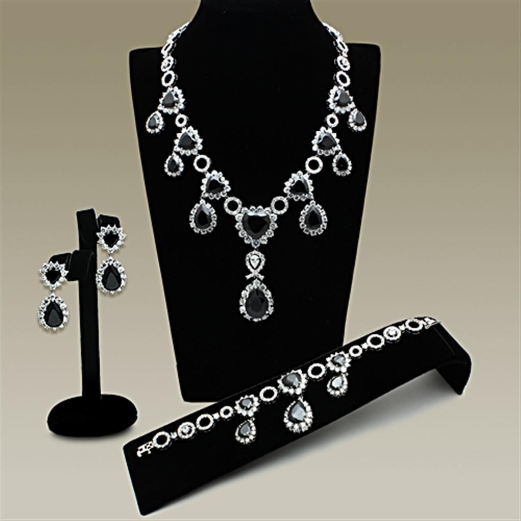 LO2325 - Rhodium Brass Jewelry Sets with AAA Grade CZ in Jet