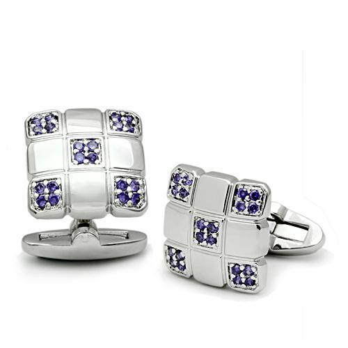 LO2296 - Rhodium Brass Cufflink with AAA Grade CZ in Amethyst