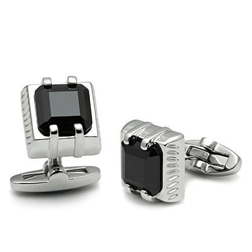 LO2305 - Rhodium Brass Cufflink with AAA Grade CZ in Jet