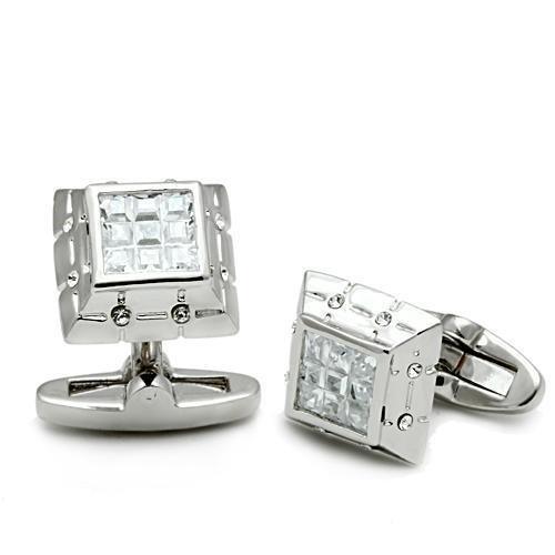 LO2306 - Rhodium Brass Cufflink with AAA Grade CZ in Clear