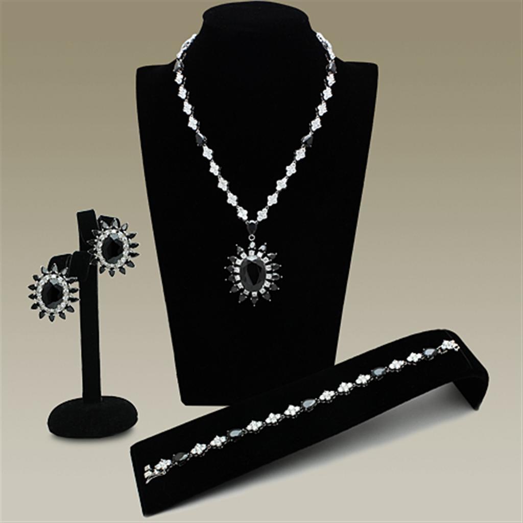 LO2330 - Rhodium Brass Jewelry Sets with AAA Grade CZ in Jet