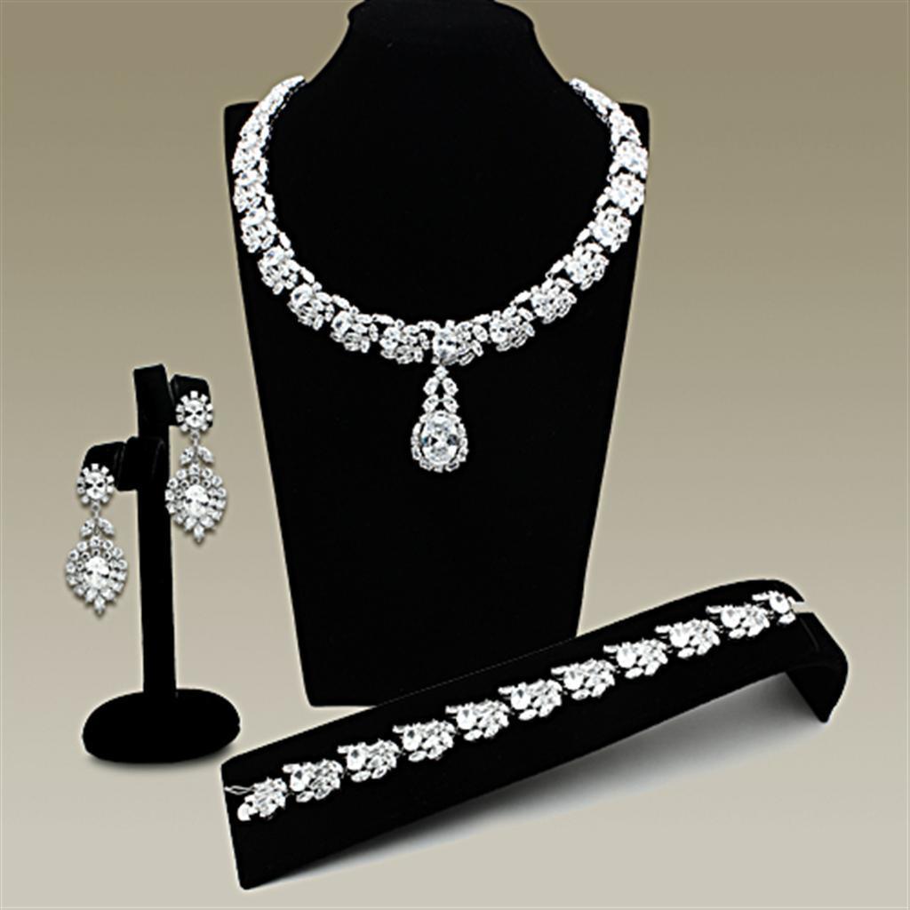 LO2333 - Rhodium Brass Jewelry Sets with AAA Grade CZ in Clear