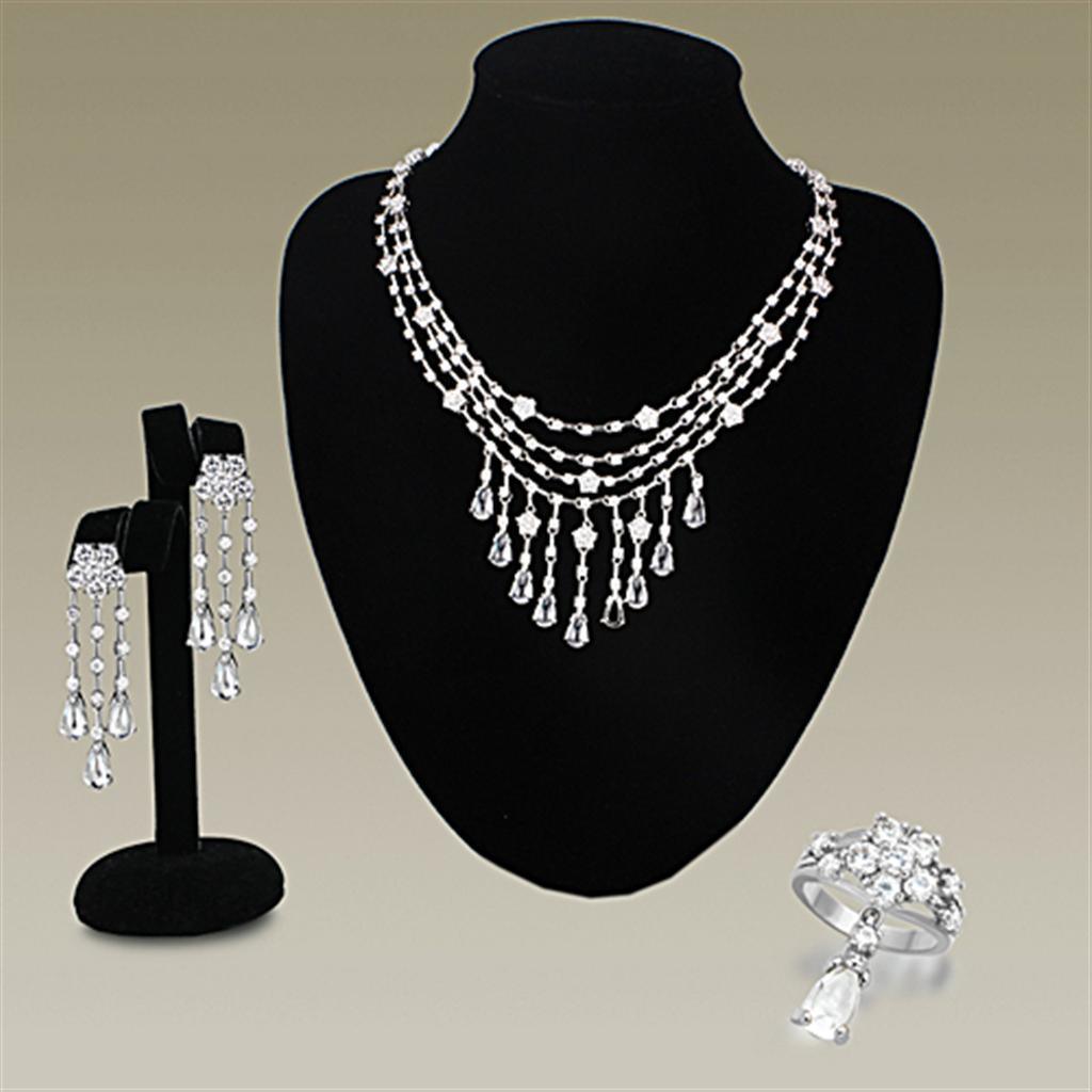 LO3076 - Rhodium Brass Jewelry Sets with AAA Grade CZ in Clear