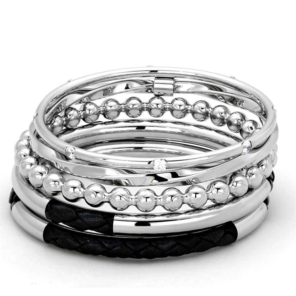 LO3640 - High polished (no plating) Stainless Steel Bangle with AAA Grade CZ in Clear