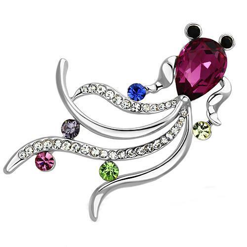 LO2904 - Imitation Rhodium White Metal Brooches with Synthetic Glass Bead in Fuchsia