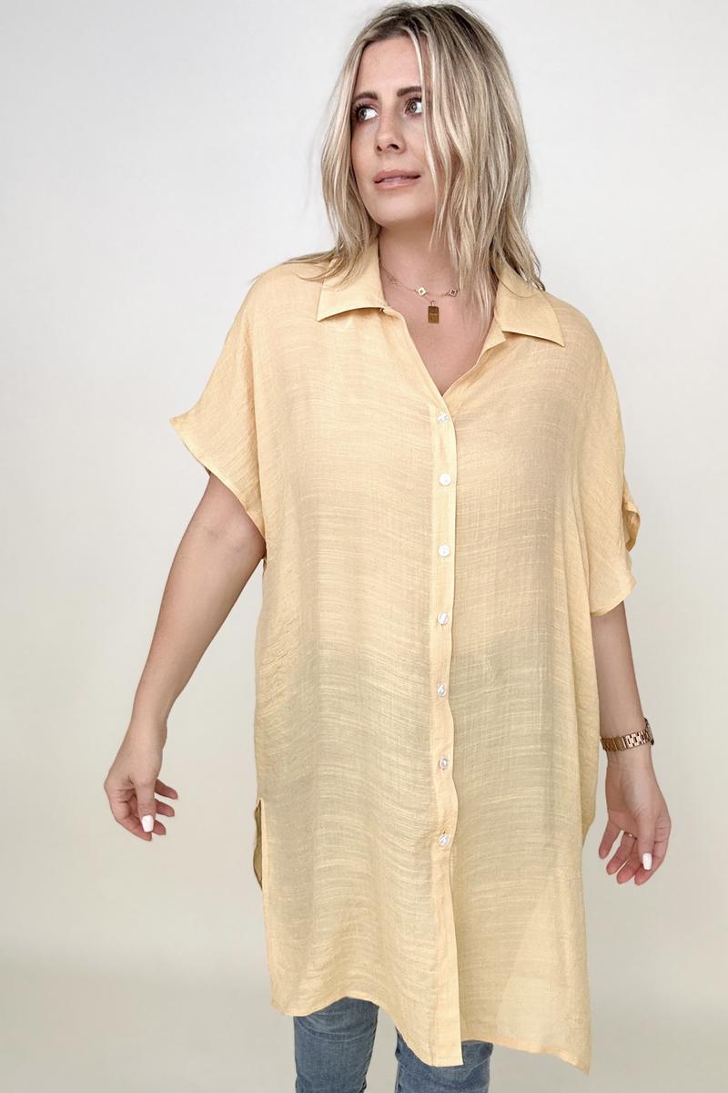 Solid Button Down Loose Fit Gauzy Tunic