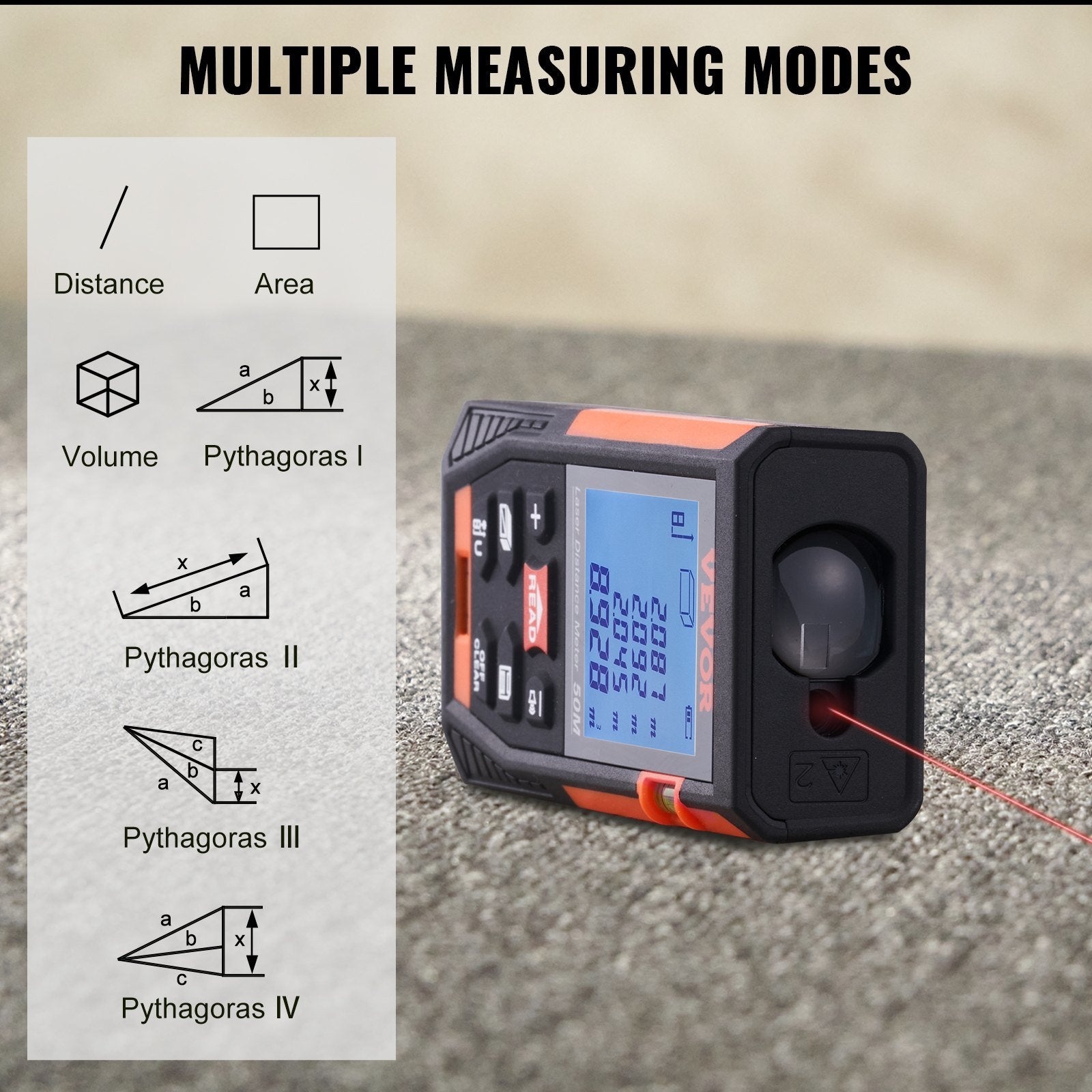 VEVOR Laser Measure, 165 ft, ±1/16'' Accuracy Laser Distance Measure with 2 Bubble Levels, ft/m/in/ft+in Unit, 2'' Backlit LCD Screen Laser Meter, Pyt