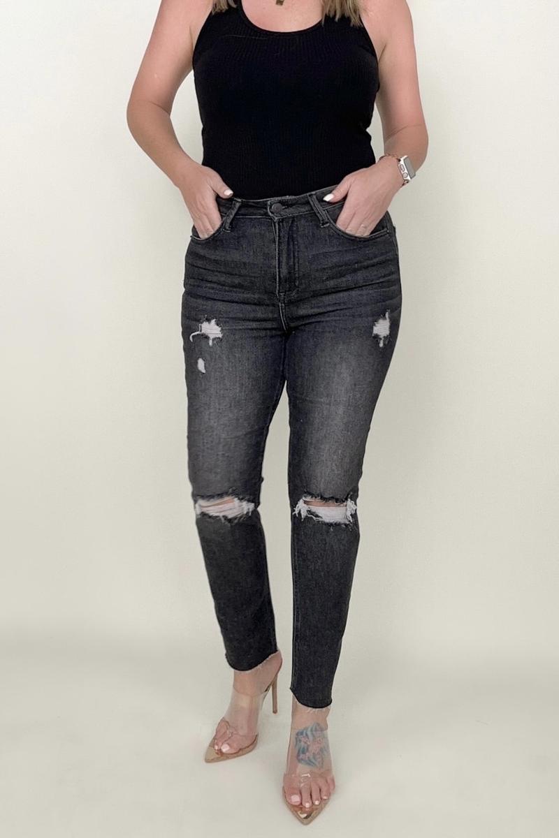 High Rise Slim Straight Cropped Raw Hem Jeans