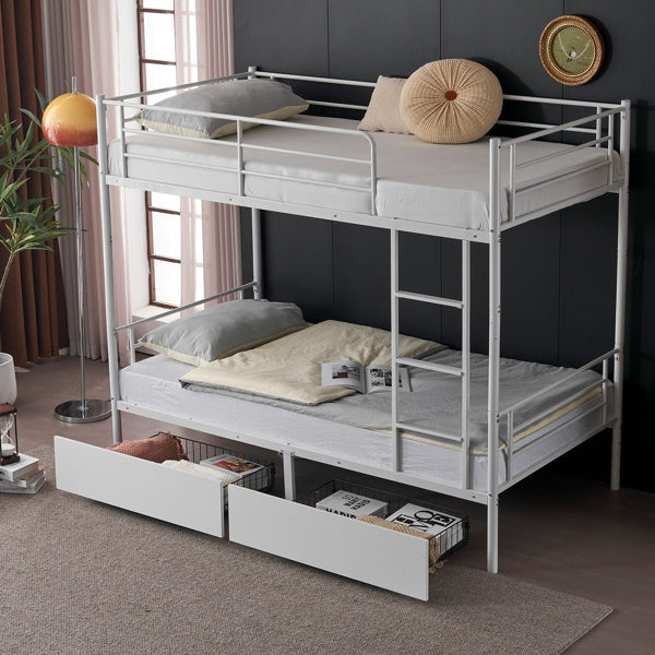 Twin Over Twin Convertible Bunk Bed with 2 Storage Drawers, Metal Bunk Bed Can be Divided Into Two Daybeds, White