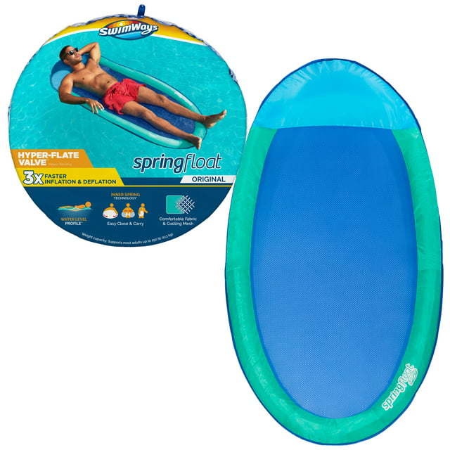 Spring Float Inflatable Pool Lounger with Hyper-Flate Valve, Aqua