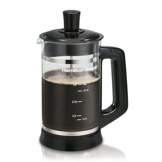 French Press with Cocoa Attachment, Glass Carafe, 1 Liter, Black,