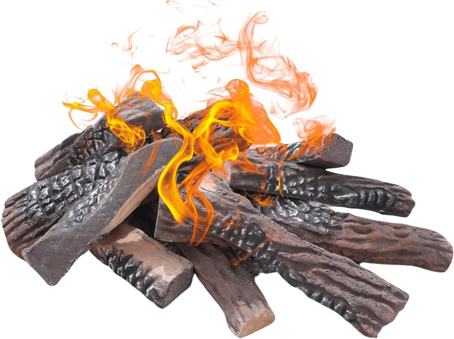 Gas Fireplace Logs,10pcs Large Faux Firepit Logs, Decorative Ceramic Firewood Log Set for Indoor Outdoor Gas Insets, Vented,Ventless, Electric,Ethanol,Gel Fireplaces,Wood Color,15inch
