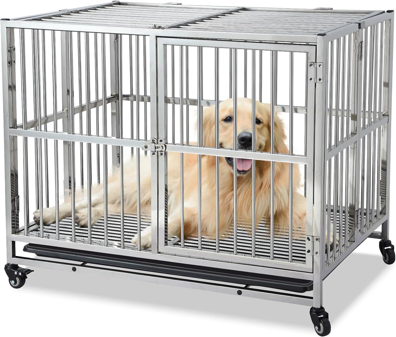 Large Dog Crate, High Anxiety Indestructible Stainless Steel Dog Kennel with Lockable Wheels, Double Door and Sturdy Locks, Extra Large XL XXL Heavy Duty Dog Cage with Removable Tray, Silver