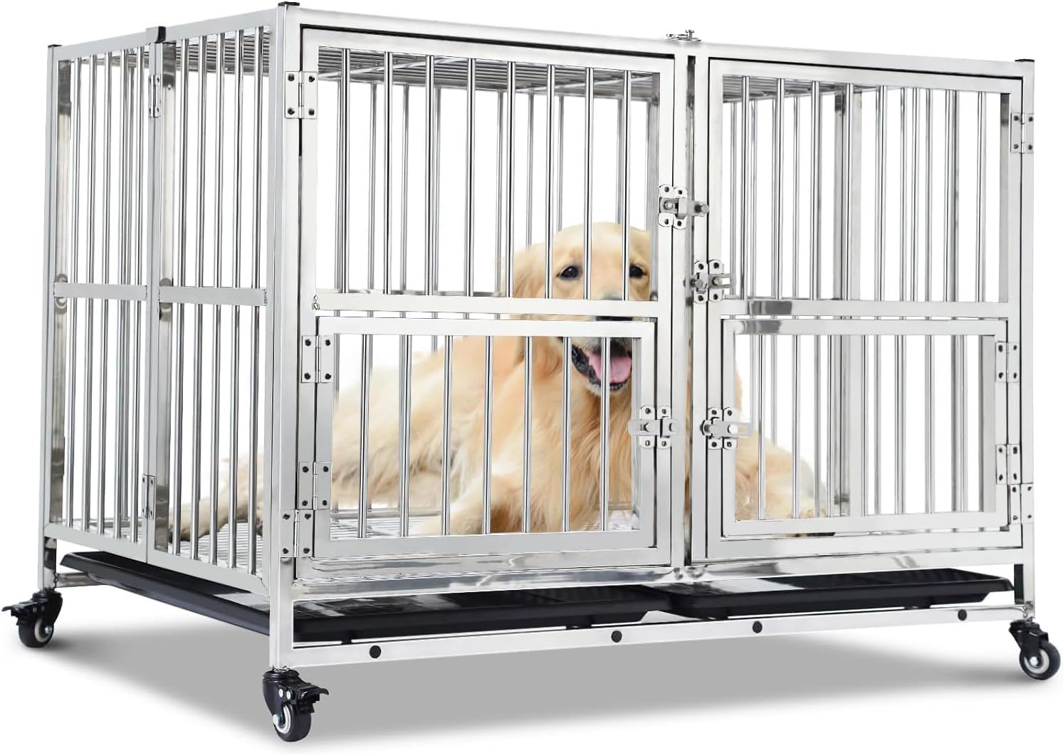 Large Dog Crate, High Anxiety Indestructible Stainless Steel Dog Kennel with Lockable Wheels, Double Door and Sturdy Locks, Extra Large XL XXL Heavy Duty Dog Cage with Removable Tray, Silver