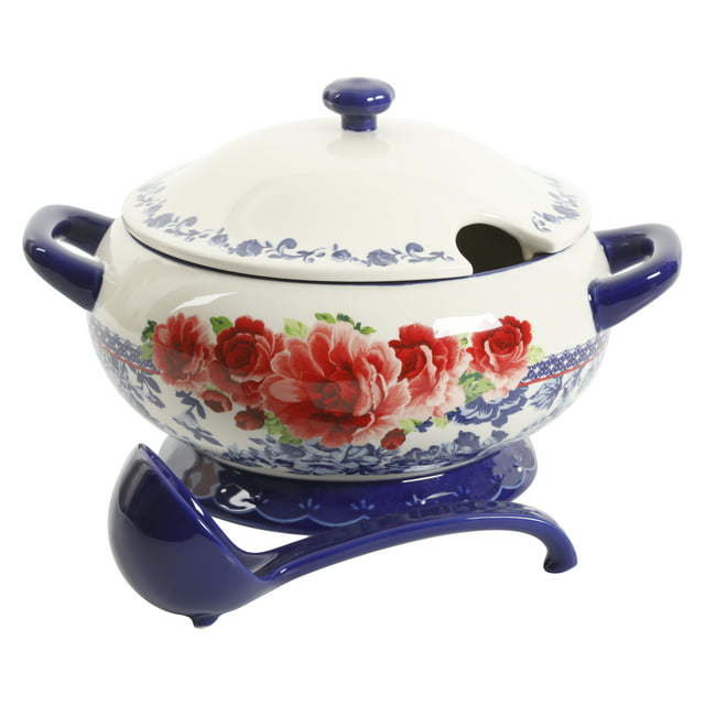 Frontier Rose Cobalt Ceramic 3.17-Quart Soup Tureen with Ladle