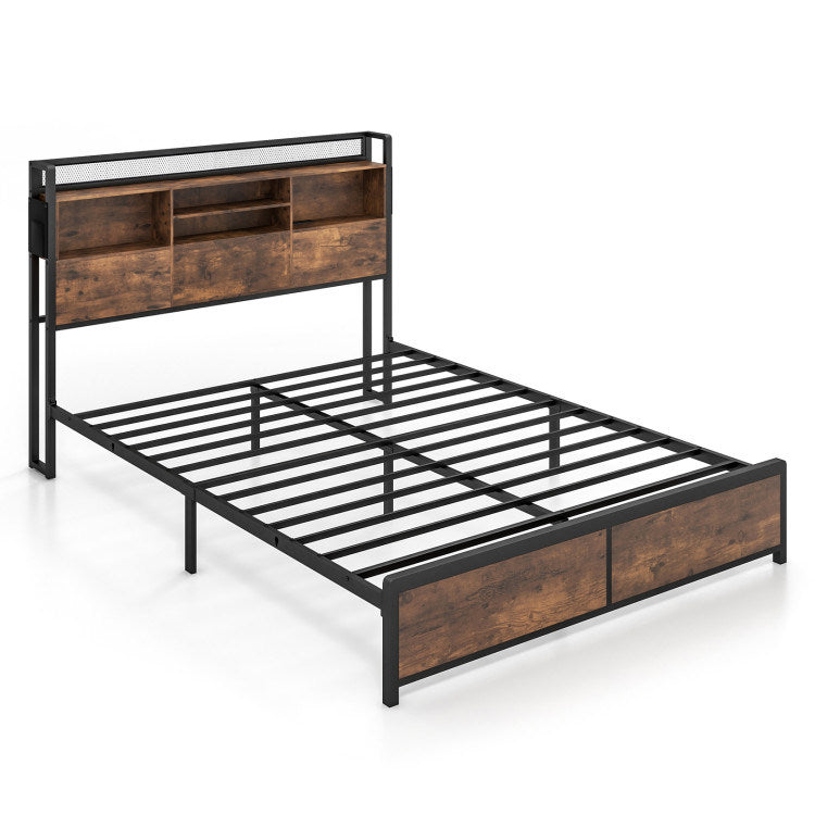 Full/Queen Size Bed Frame with 3-Tier Bookcase Headboard and Charging Station