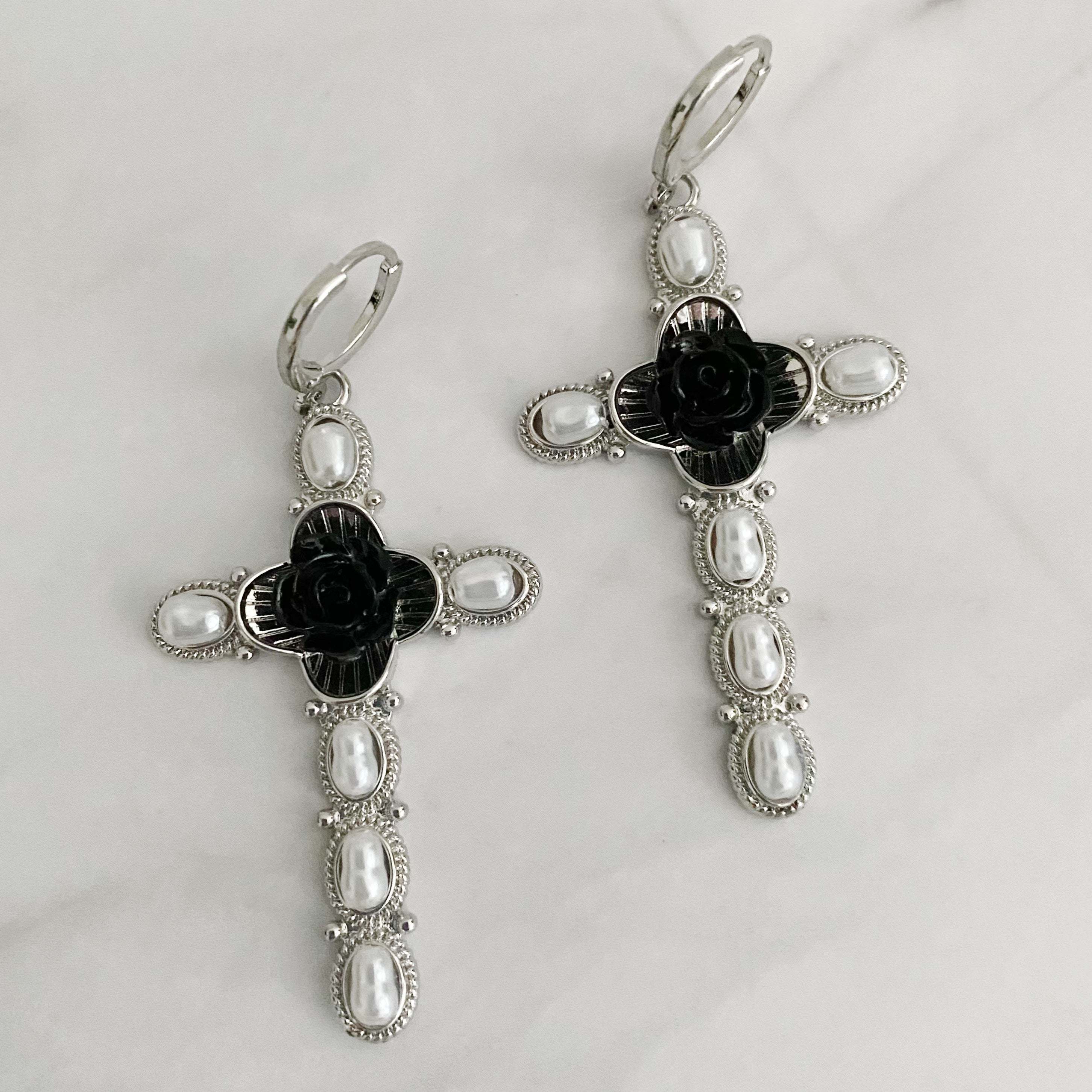 Black Rose Cross Earrings