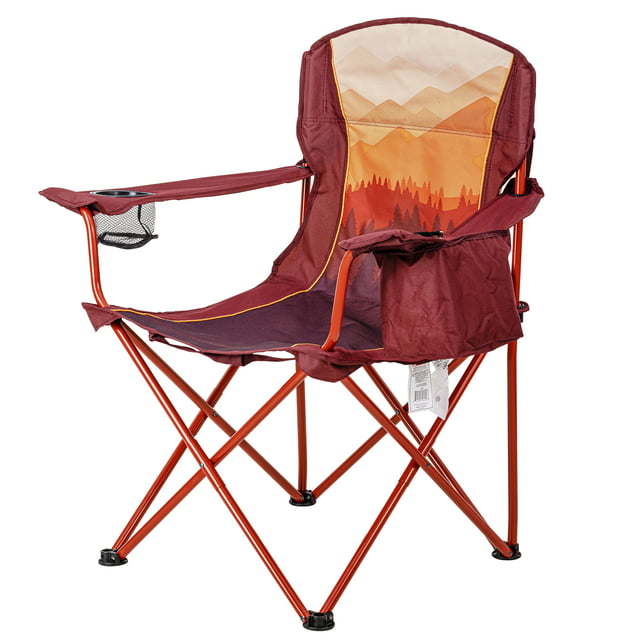 Oversized Camp Chair with Cooler, Ombre Mountains Design, Red and Orange