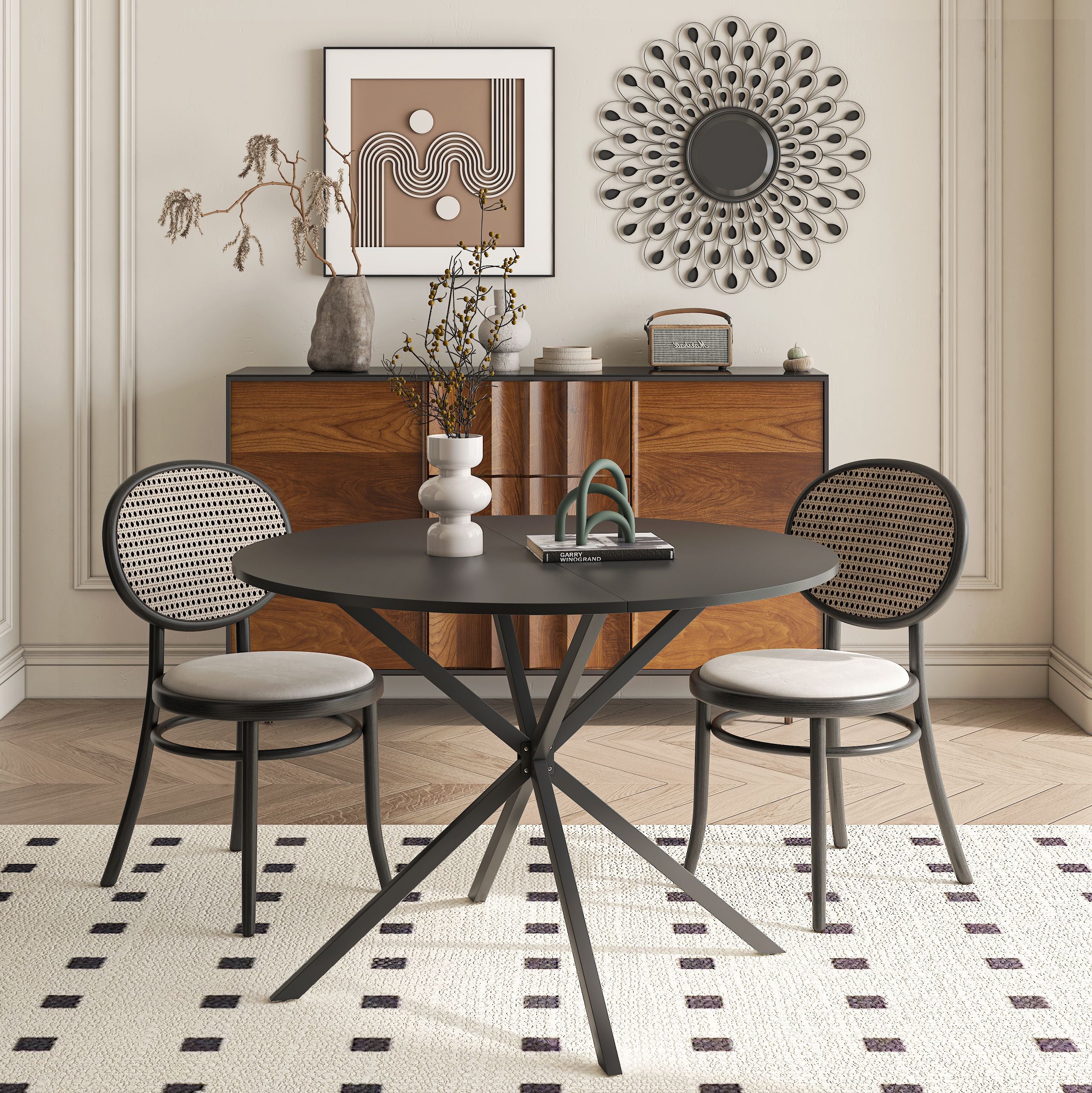42.13'' Modern Cross Leg Round Dining Table,  Occasional Table, Two Piece Removable Top, Matte Finish Iron Legs