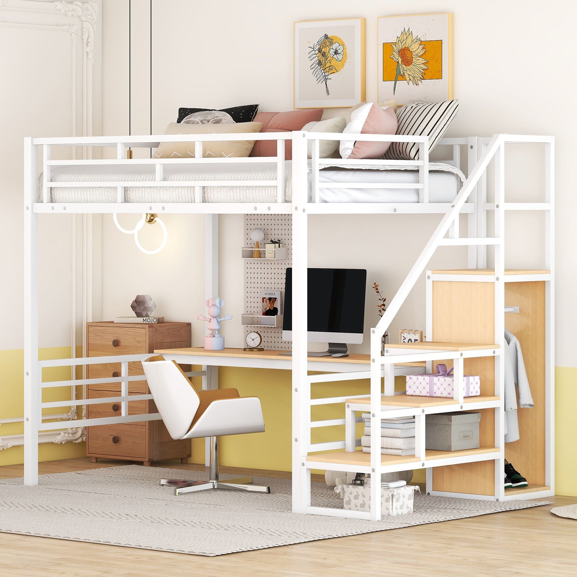 Full Size Metal Loft Bed with Desk, Storage Staircase and Small Wardrobe, Storage stairs can be installed left and right