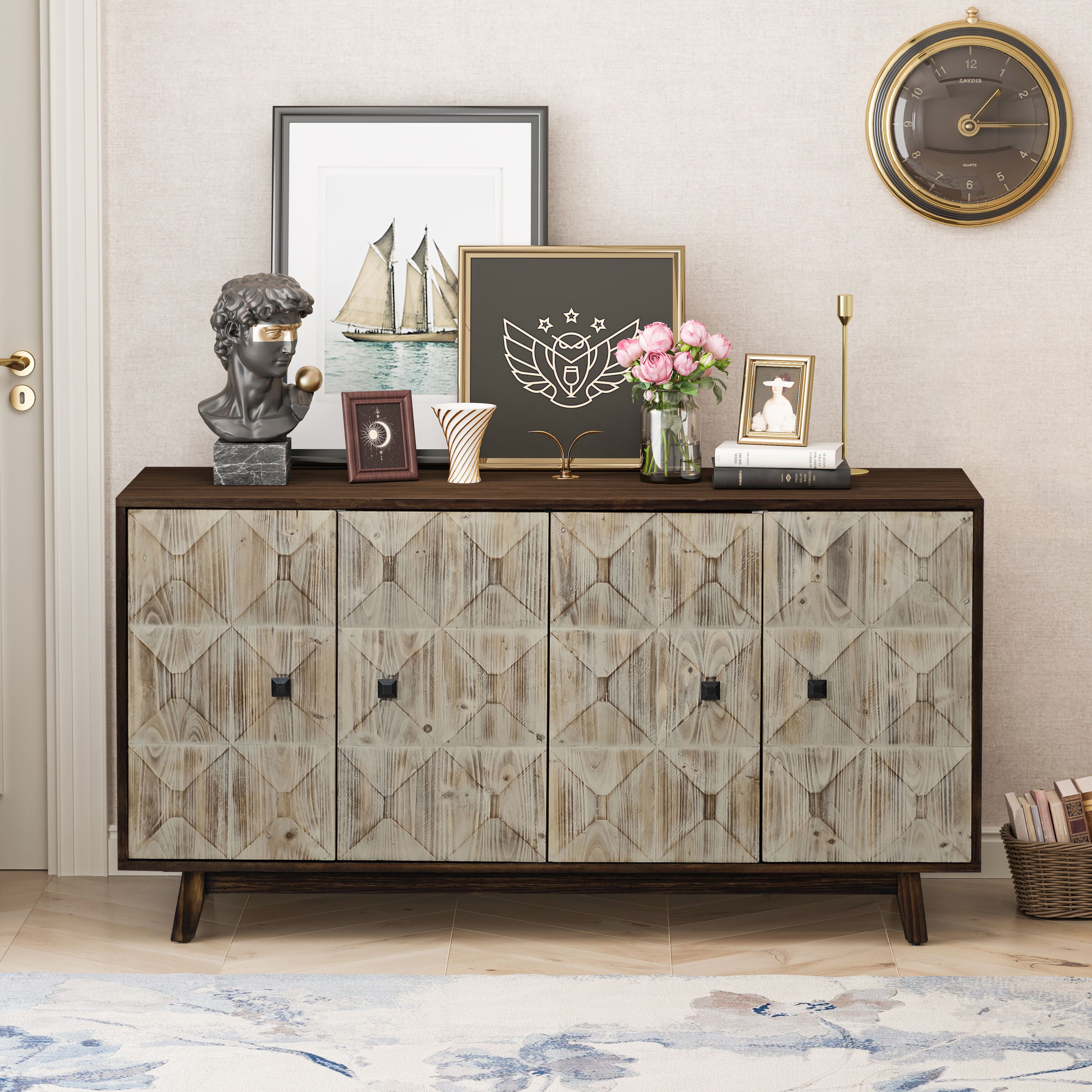 59.84" 4 Doors Vintage Sideboard ,Freestanding Sideboard Storage Cabinet Entryway Floor Cabinet for Living Room Office Bedroom