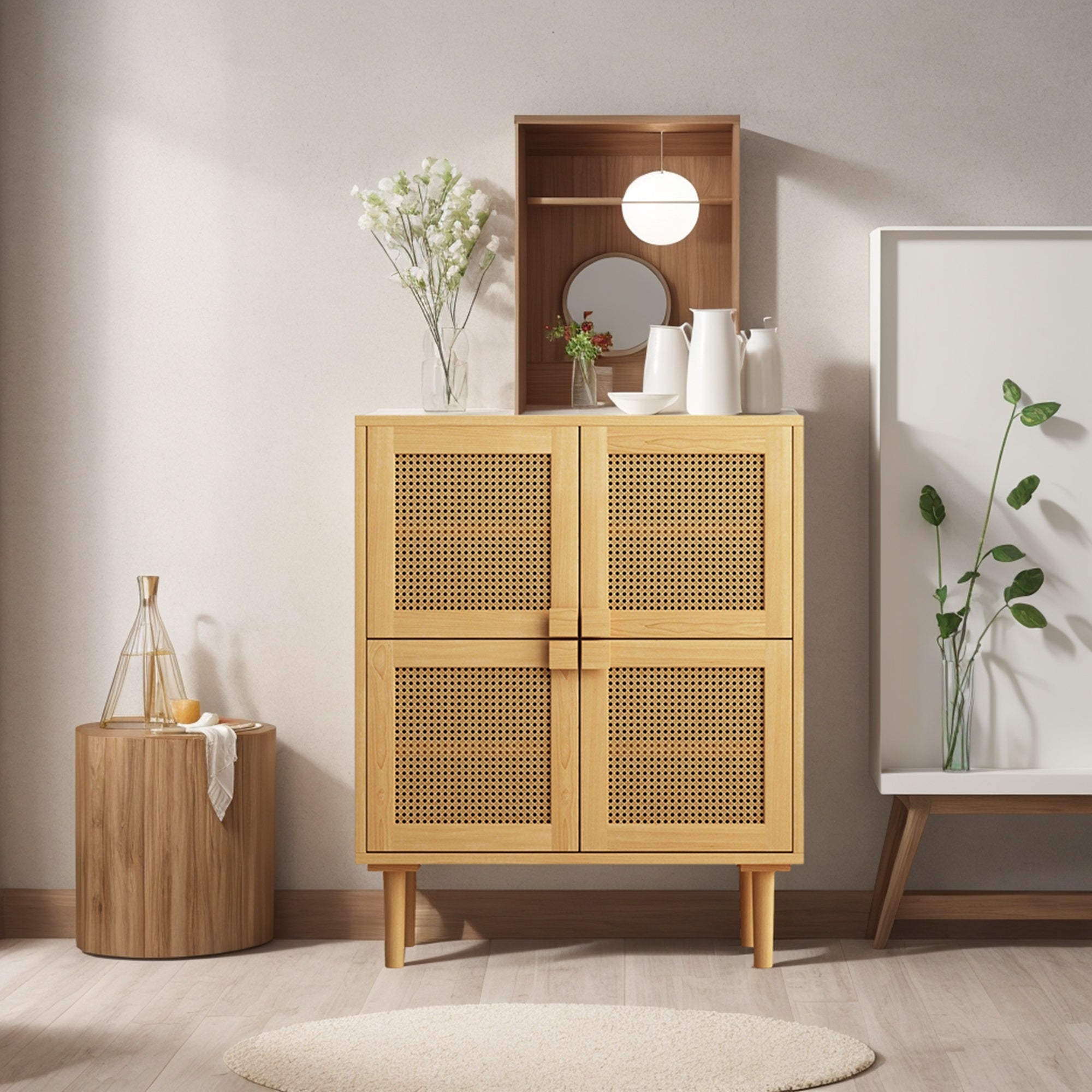 4-Doors Rattan Mesh Storage Cabinet, Sideboard with Eight Storage Spaces, for Entryway, Living Room, Hallway