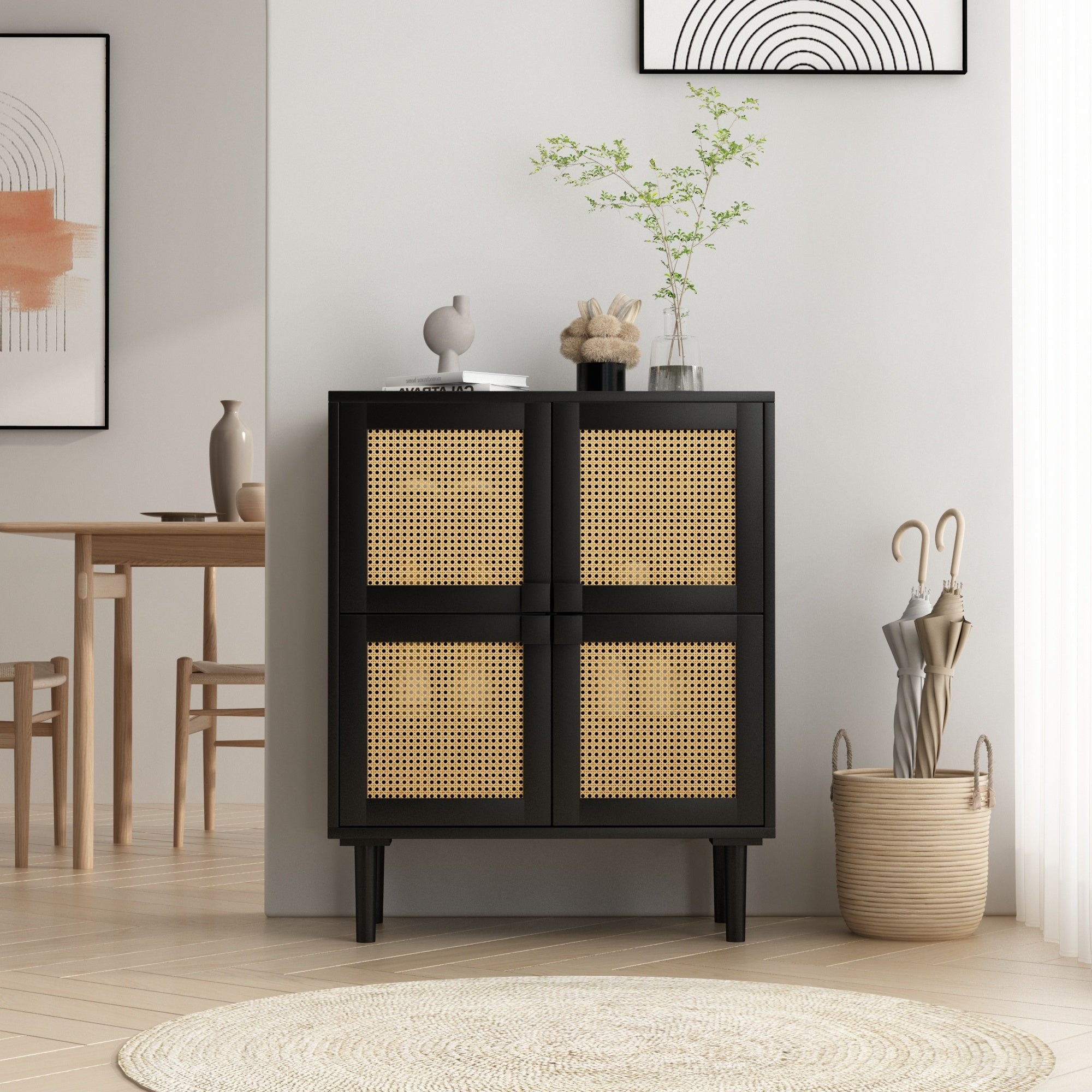 4-Doors Rattan Mesh Storage Cabinet, Sideboard with Eight Storage Spaces, for Entryway, Living Room, Hallway