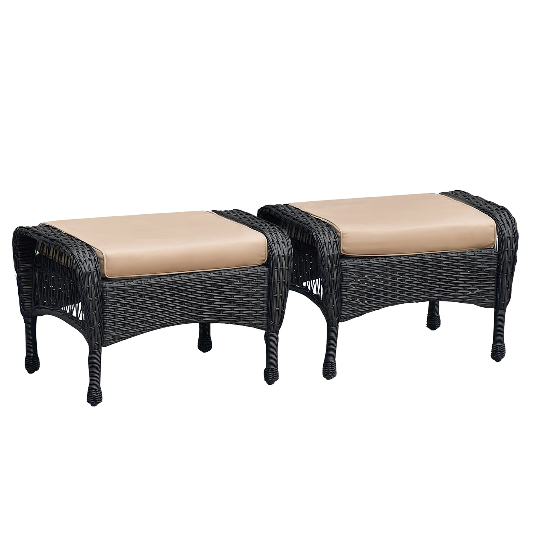 2PCS Outdoor Square Wicker Ottoman with Cushion, Navy Blue