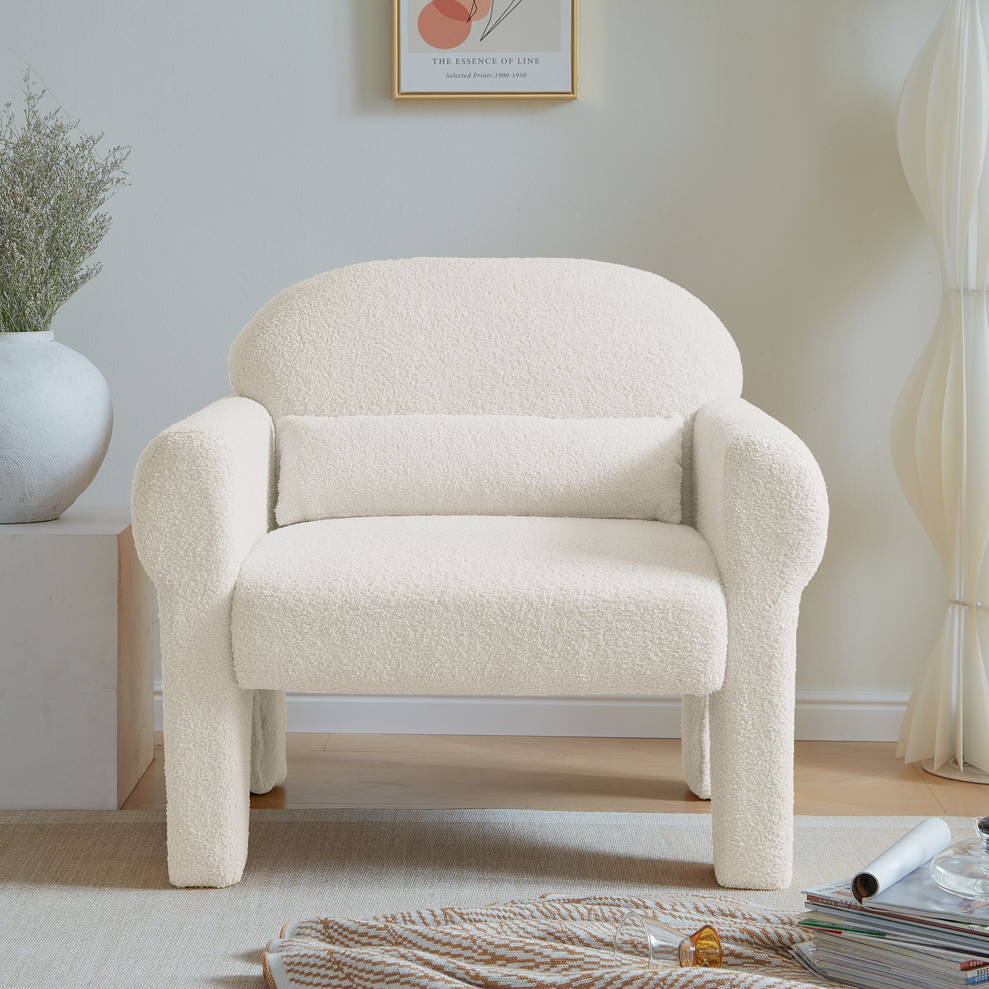 modern boucle accent chair with lumbar pillow for living room