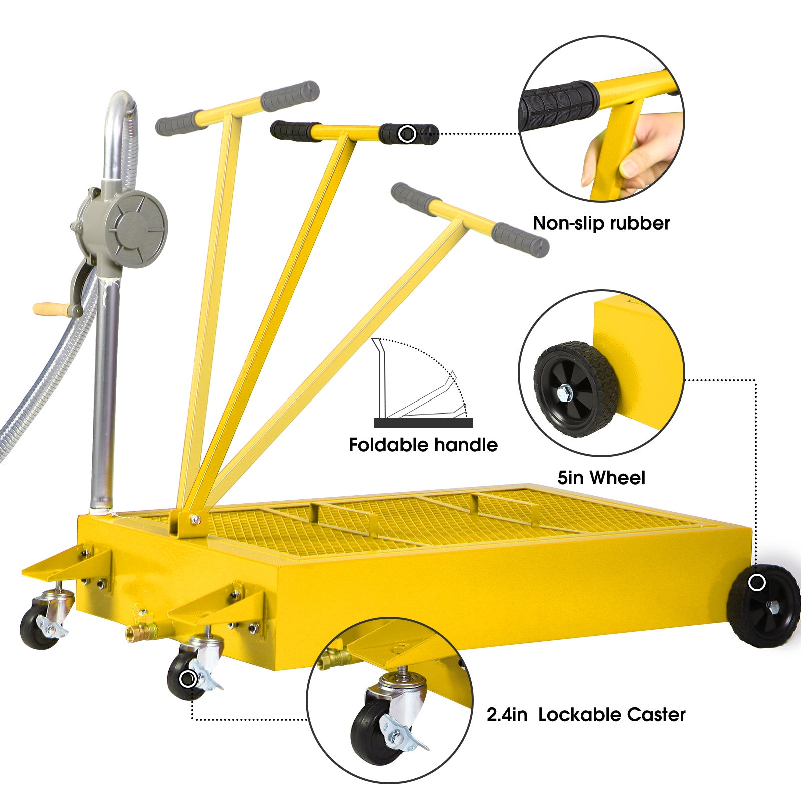 Oil Drain Pan 25 Gallon Low Profile Oil Change Pan with Pump 1.05FT Hose Swivel Casters Wheels Rolling Oil Drain Cart for Trucks Cars RVs SUVs Buses