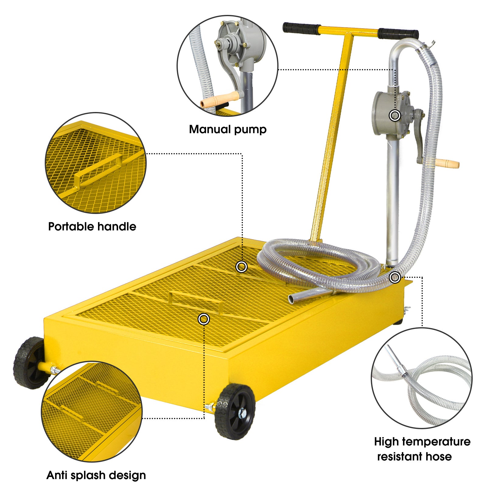 Oil Drain Pan 25 Gallon Low Profile Oil Change Pan with Pump 1.05FT Hose Swivel Casters Wheels Rolling Oil Drain Cart for Trucks Cars RVs SUVs Buses