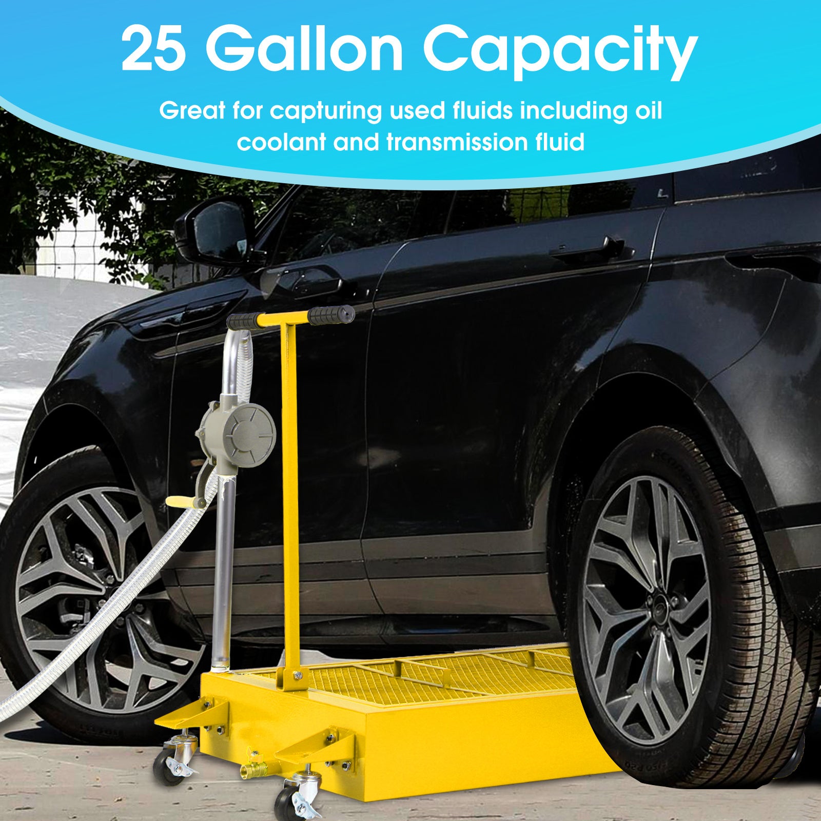 Oil Drain Pan 25 Gallon Low Profile Oil Change Pan with Pump 1.05FT Hose Swivel Casters Wheels Rolling Oil Drain Cart for Trucks Cars RVs SUVs Buses