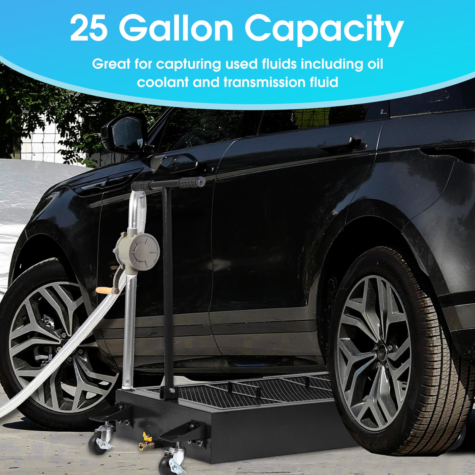 Oil Drain Pan 25 Gallon Low Profile Oil Change Pan with Pump 1.05FT Hose Swivel Casters Wheels Rolling Oil Drain Cart for Trucks Cars RVs SUVs Buses